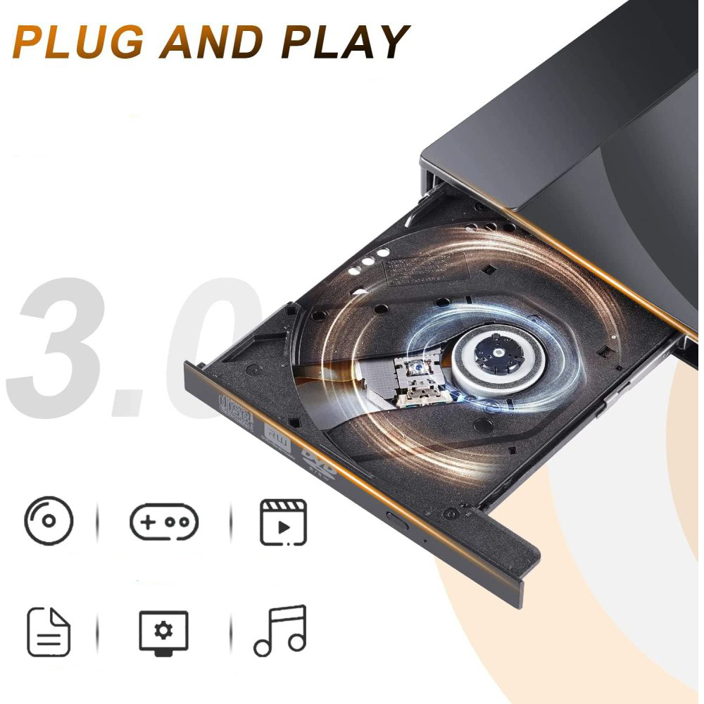 Offenes CD/DVD-Laufwerk mit eingelegter Disc. Text-Overlay: Plug and Play.
