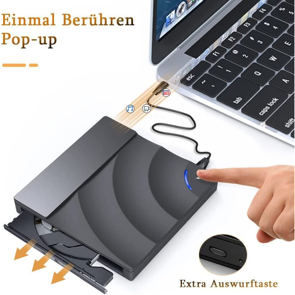 Ein schwarzes externes DVD-Laufwerk, das mit einem Laptop verbunden ist, mit Auswurftaste und geöffnetem Laufwerk.