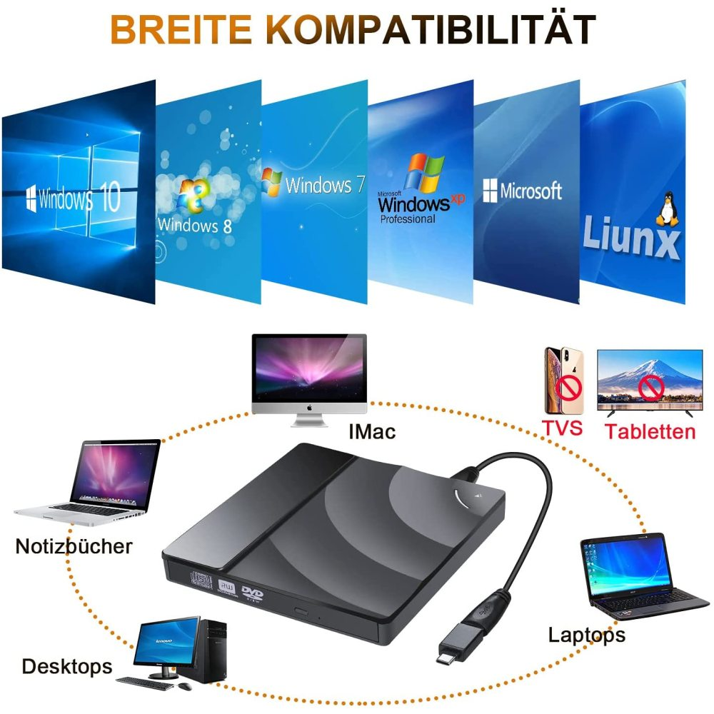 Schwarze externe Festplatte mit Anschlusskabel. Symbole verschiedener Betriebssysteme sind sichtbar.