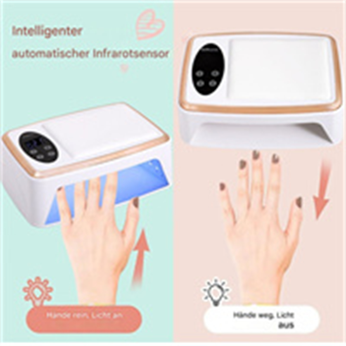 Nagellampe mit Hand drin, blaues Licht, eine andere mit Hand draußen. Text auf Deutsch.