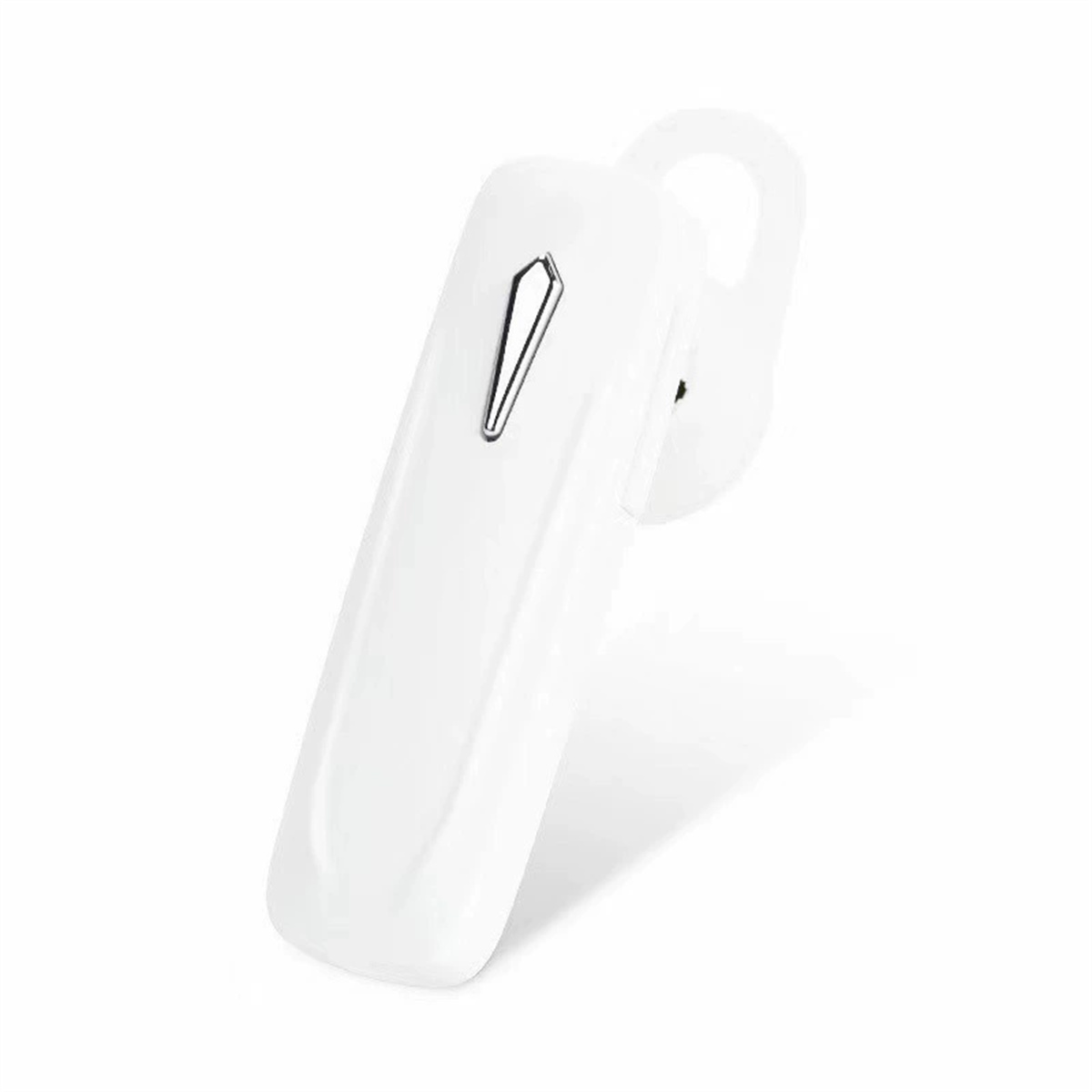 Weißes Bluetooth-Headset. Es hat ein schlankes, abgewinkeltes Design. Der Hintergrund ist weiß.