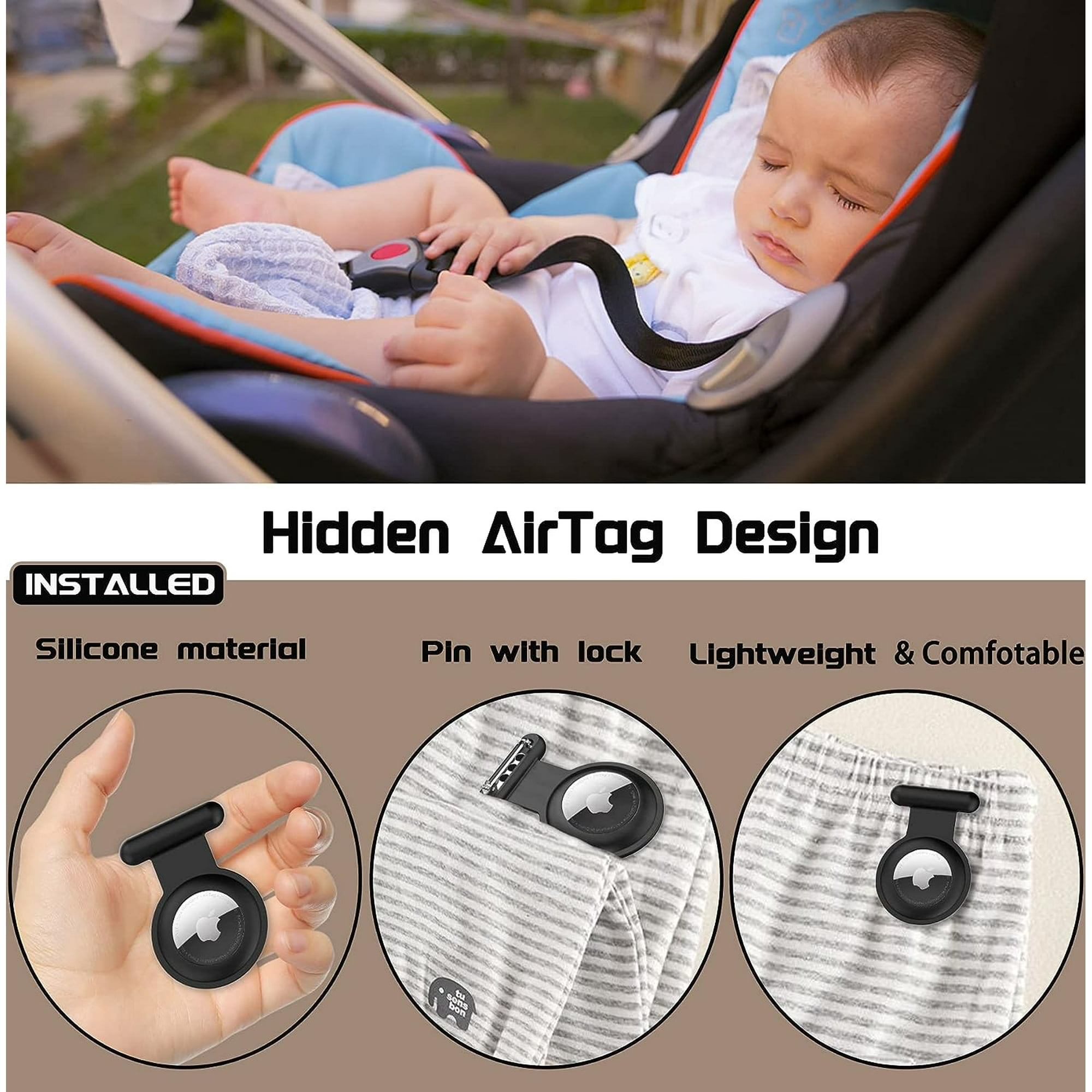 Ein Baby in einem Autositz. Darunter Bilder eines schwarzen AirTag-Halters, der an Stoff geklemmt ist.