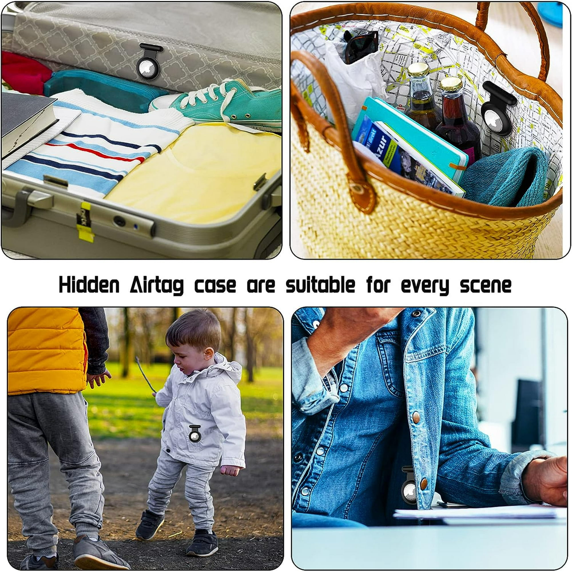 Bilder zeigen versteckte AirTag-Hüllen in verschiedenen Szenen wie Gepäck, Taschen und auf einer Kinderjacke.