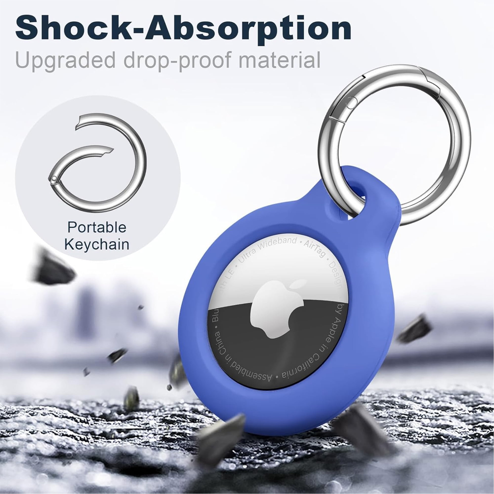 Blauer AirTag-Halter mit silbernem Schlüsselanhänger. Text: Stoßabsorption. Der Halter passt für Apple AirTag.