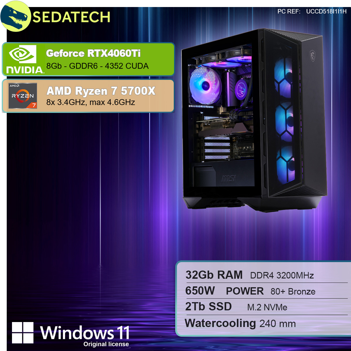 Czarna obudowa PC z komponentami. Specyfikacje obejmują Ryzen 7, RTX 4060Ti, 32 GB RAM i chłodzenie wodne.