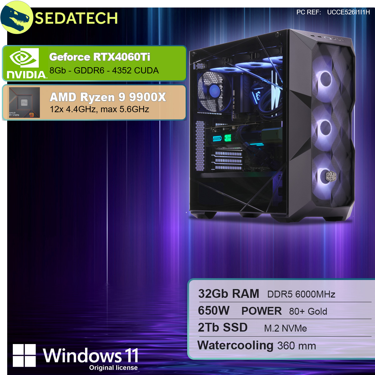 Obudowa komputera z komponentami. Tekst etykietuje CPU, RAM i GPU. Obecny jest system chłodzenia wodnego.