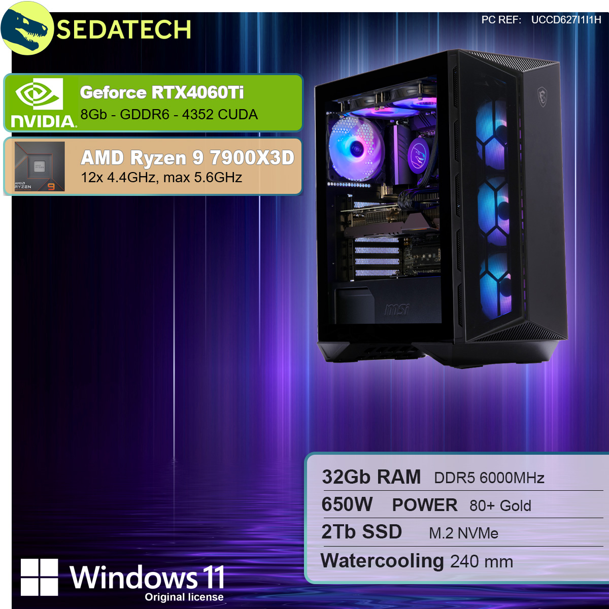 Obudowa komputera z widocznymi komponentami. Nvidia GeForce RTX, AMD Ryzen. Chłodzenie wodne.