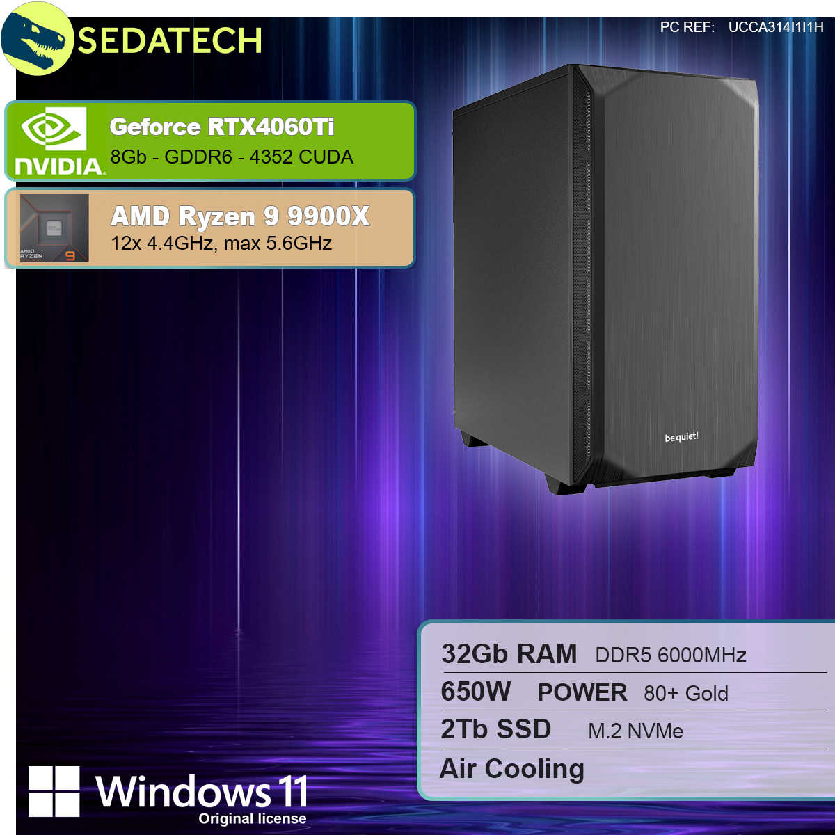 Czarna obudowa komputera z etykietami dla GeForce RTX4060Ti, AMD Ryzen 9 9900X i innymi specyfikacjami.