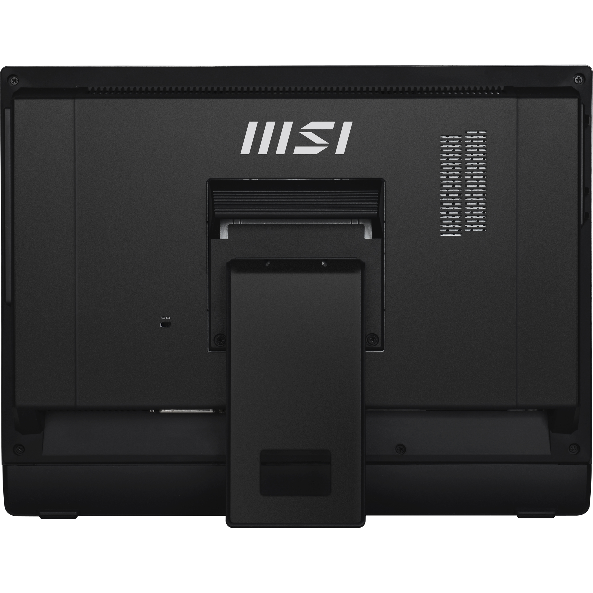Czarny komputer MSI all-in-one, widok z tyłu. Logo MSI, czarna podstawa.