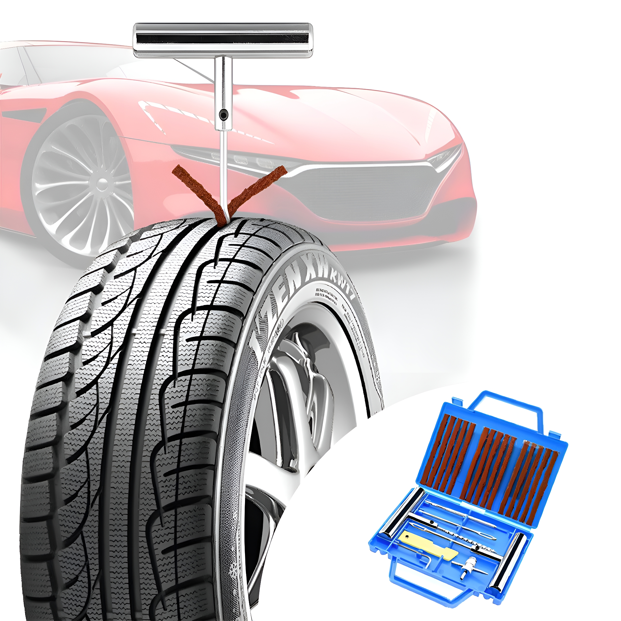 Reifenreparaturset. Ein Reifen mit einer Panne wird repariert. Ein rotes Auto ist im Hintergrund.