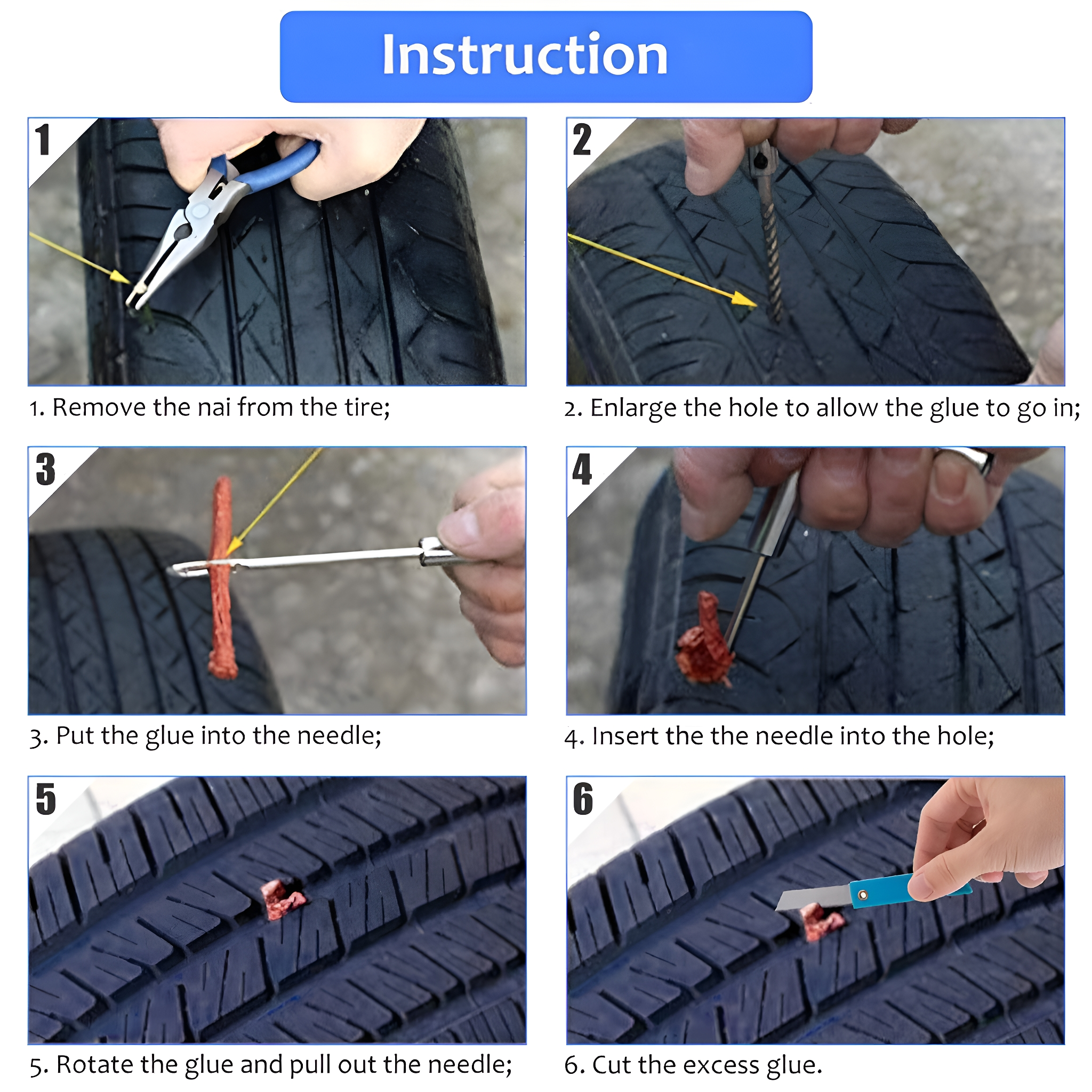 Schritt-für-Schritt-Reifenreparaturanleitung mit Werkzeugen und Reifen.