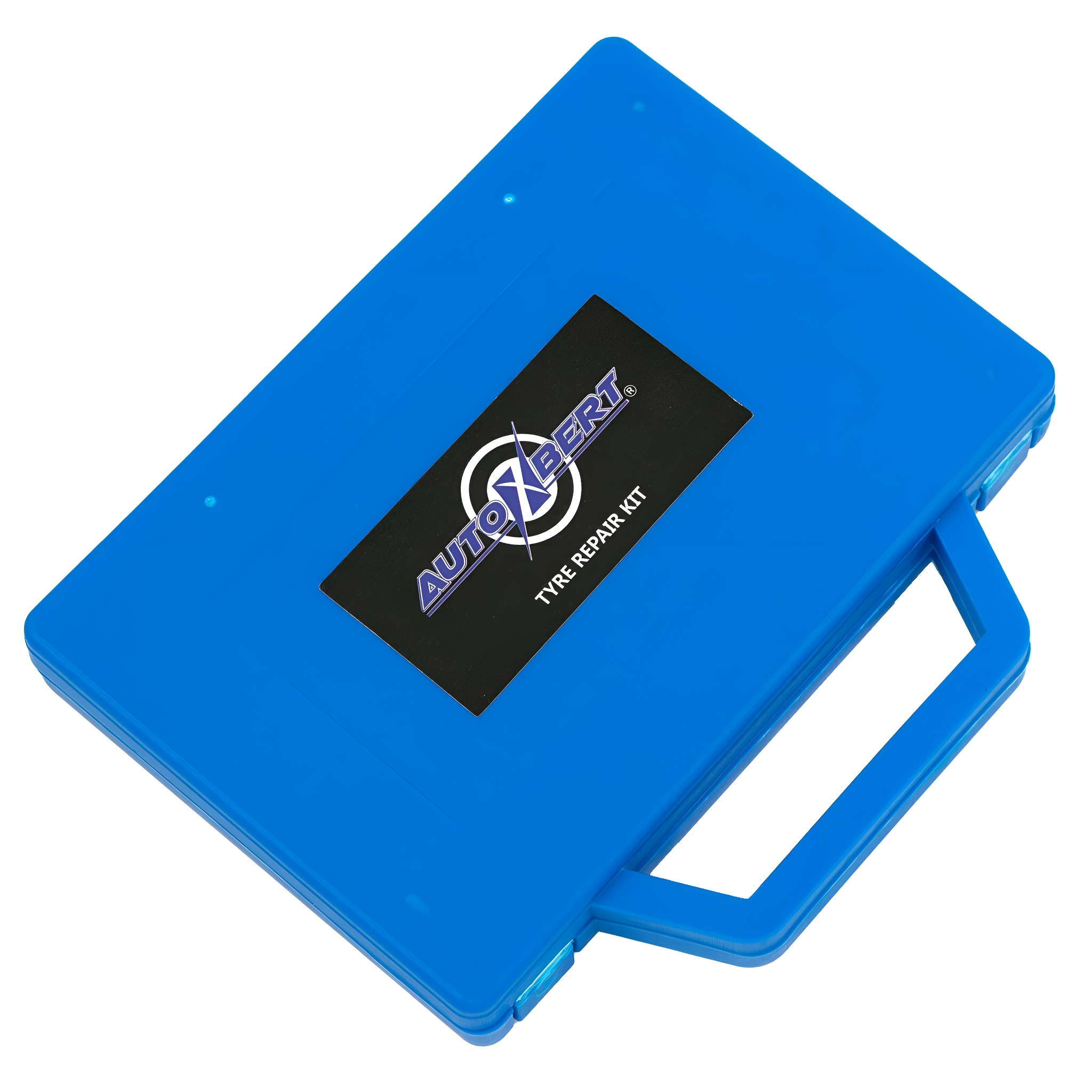 Blaue Werkzeugkiste mit Griff. Schwarz-weißer Aufkleber mit der Aufschrift 'AutoXpert Tire Repair Kit'.