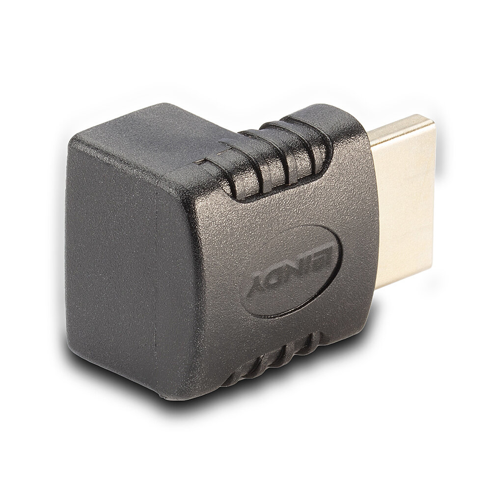 Ein schwarzer HDMI-Adapter mit strukturierter Oberfläche. Der Adapter hat einen Stecker und einen Anschluss.