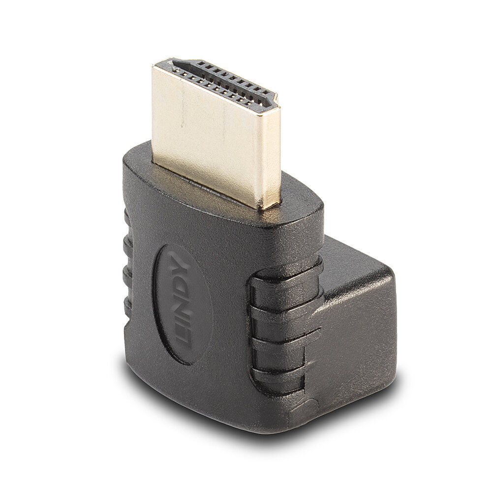 Schwarzer HDMI-Adapter, abgewinkelt, auf weißem Hintergrund.