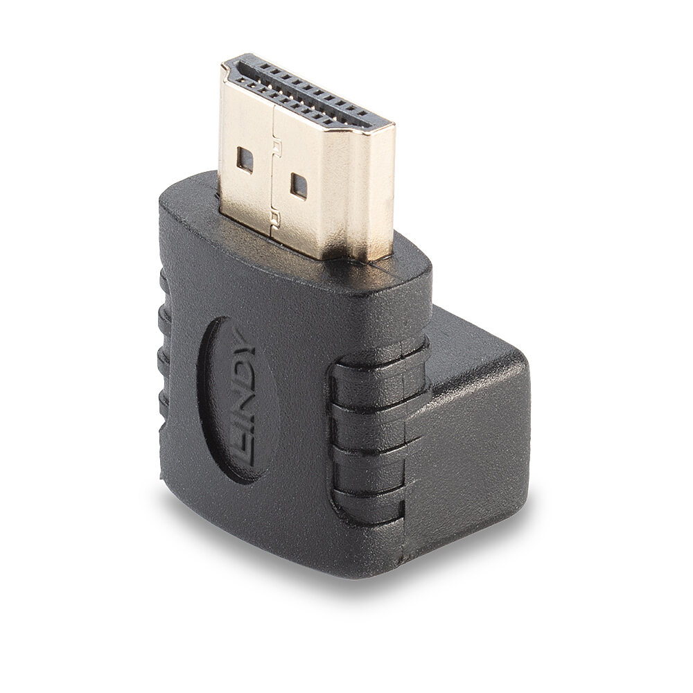 Schwarzer und goldener HDMI-Adapter, abgewinkelt, auf weißer Oberfläche.