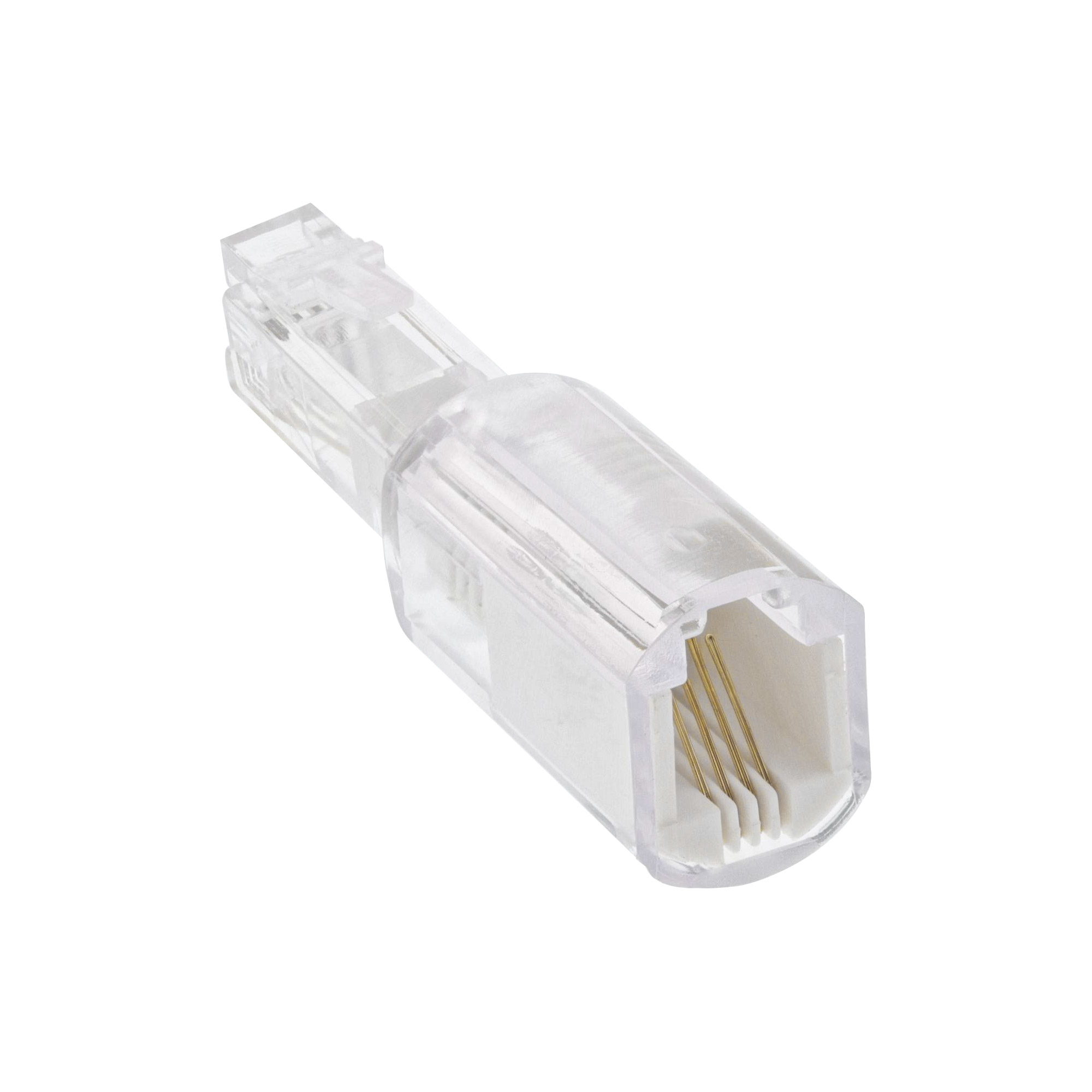Transparenter RJ45-Stecker, schräge Ansicht, isoliert auf Weiß.
