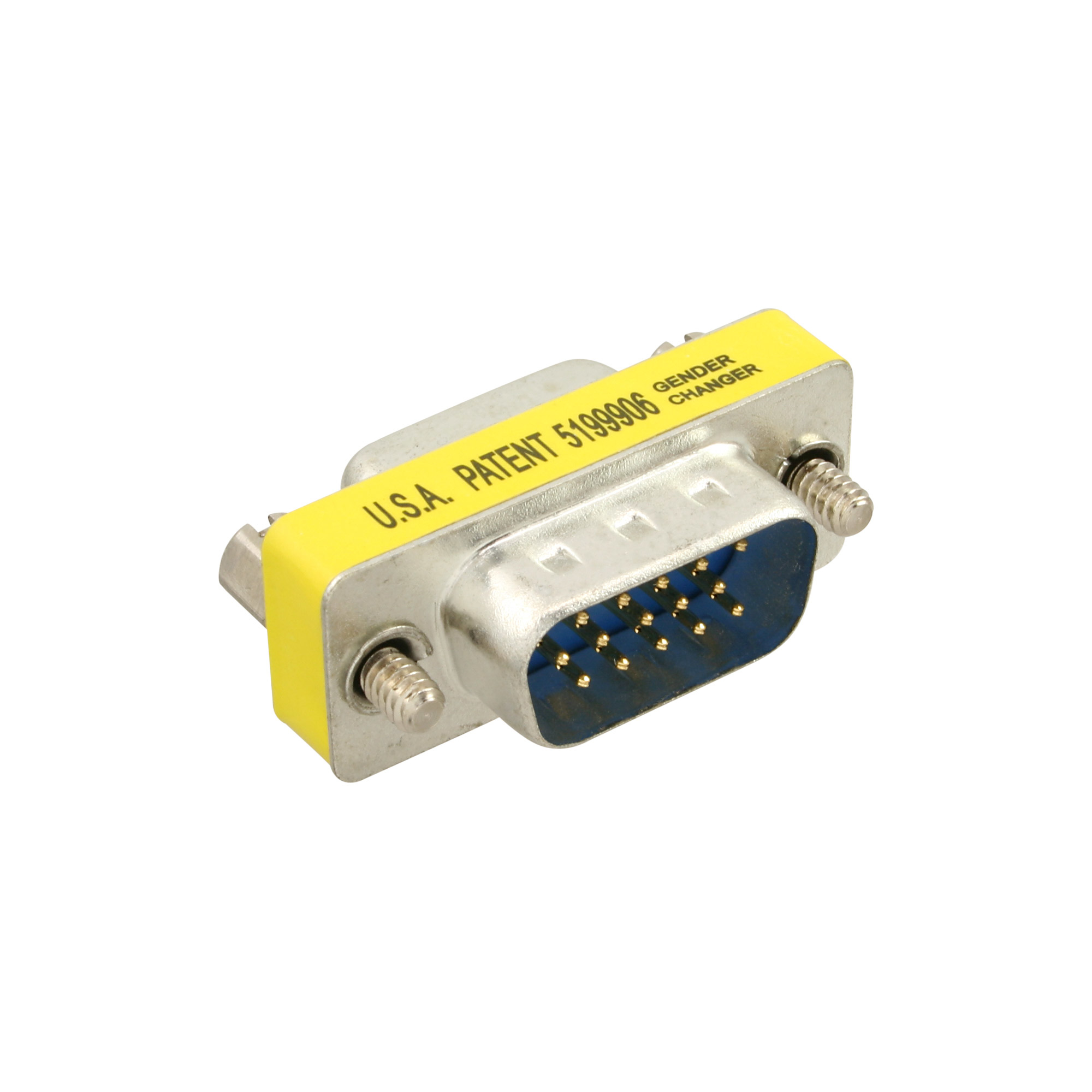 Gelber und silberner VGA-Gender-Changer-Adapter. Markiert mit USA Patent 5199906 und Gender Changer.