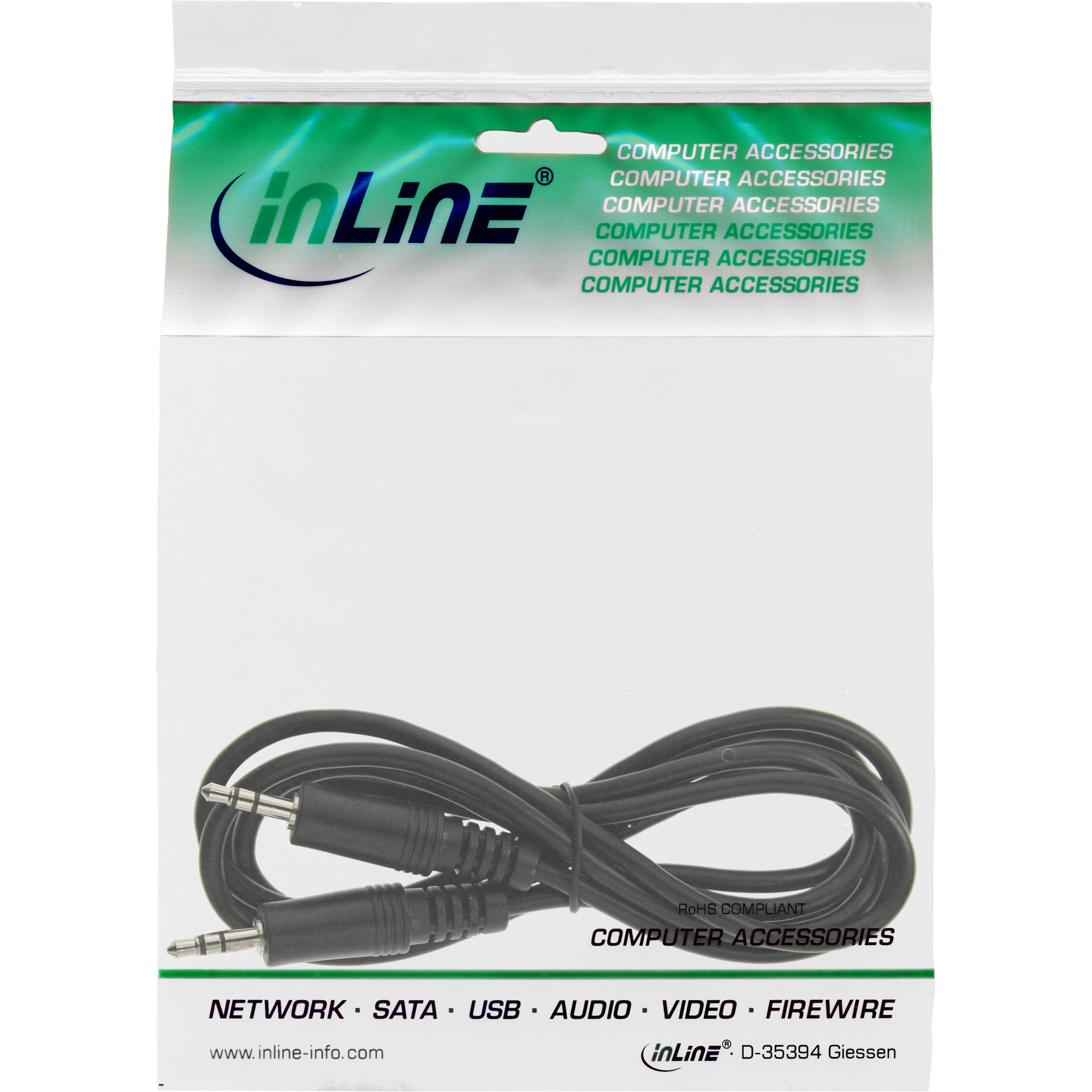 Schwarzes Audiokabel in einer transparenten Plastiktüte. Es hat zwei Anschlüsse.