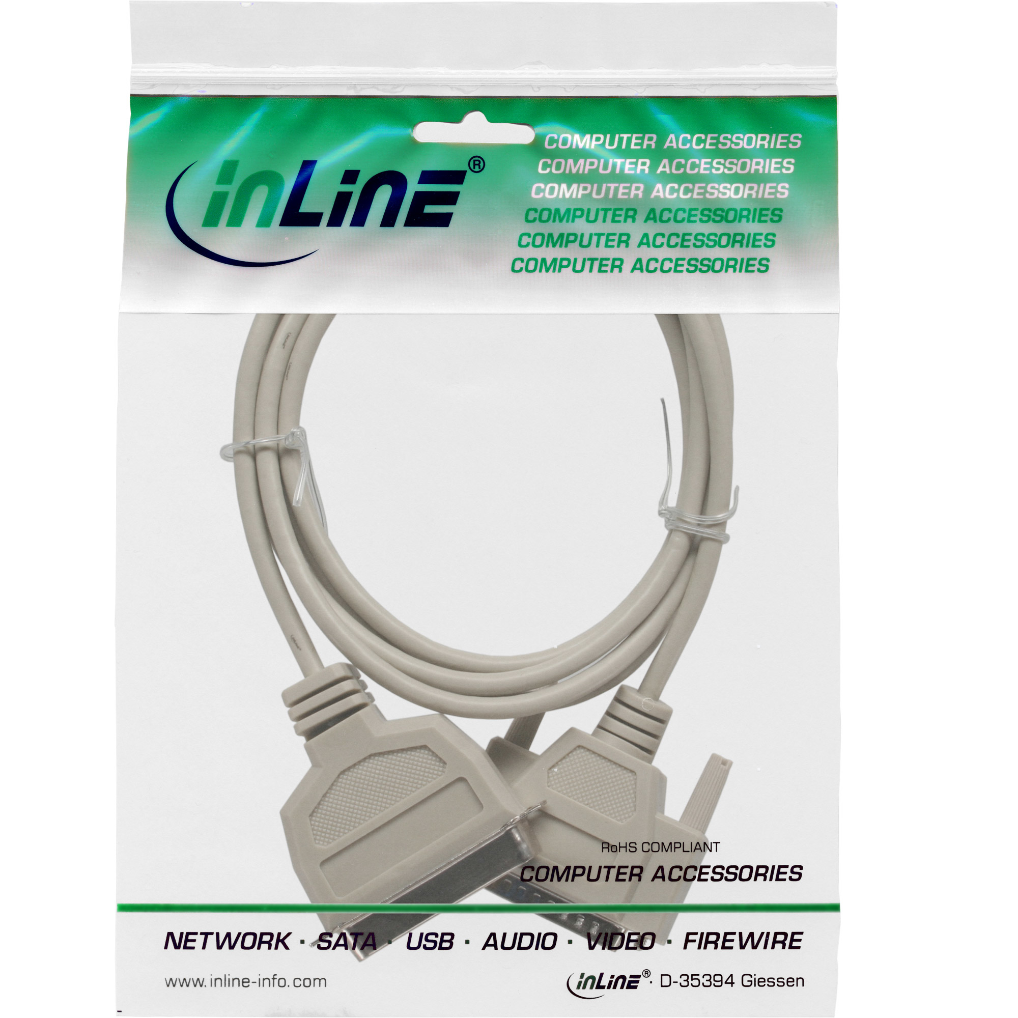 Un cavo grigio in una confezione di plastica. La confezione include accessori per computer e dettagli del prodotto.