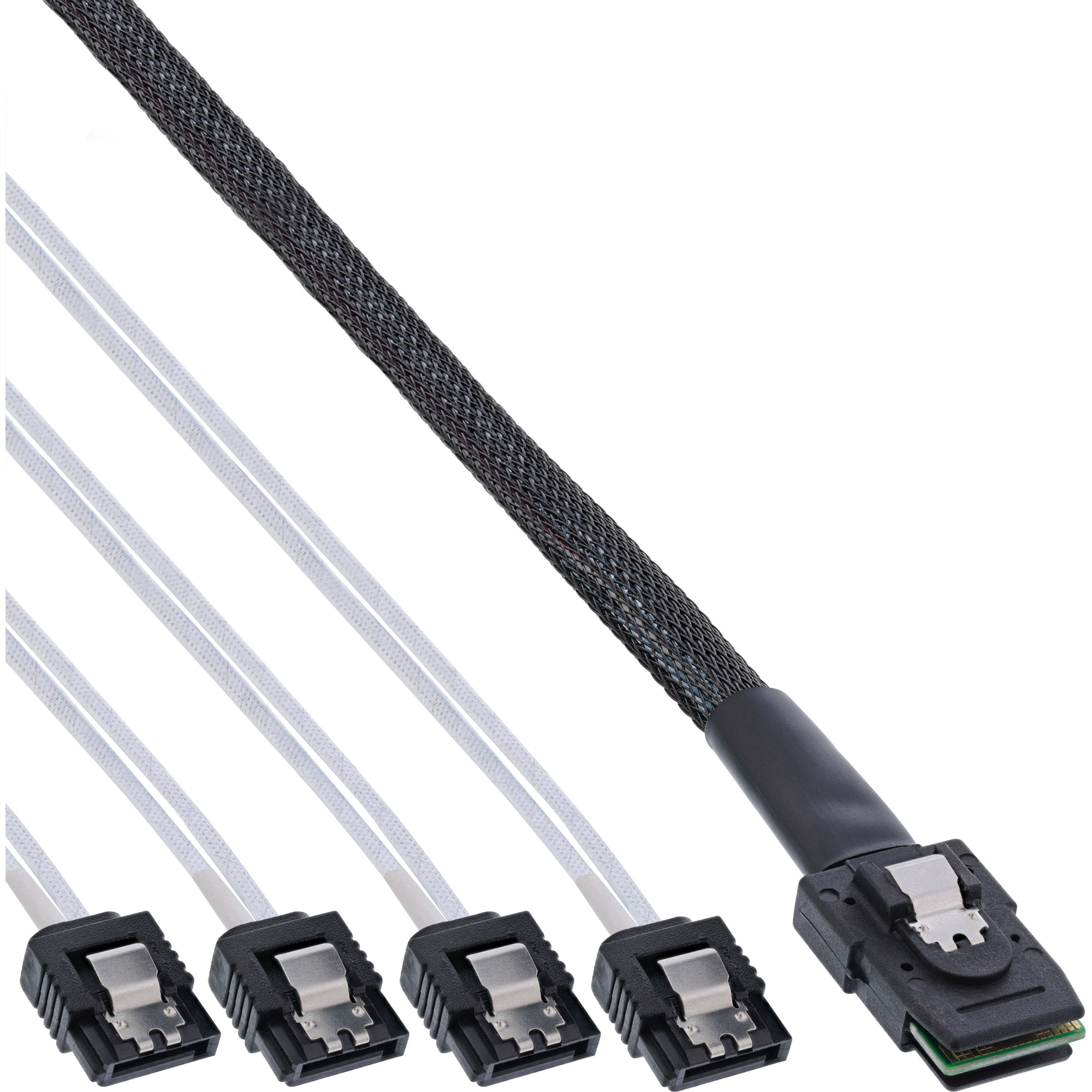 Mehrere SATA-Kabel mit weißen Drähten, schwarzen Steckern und einem schwarzen geflochtenen Kabel.