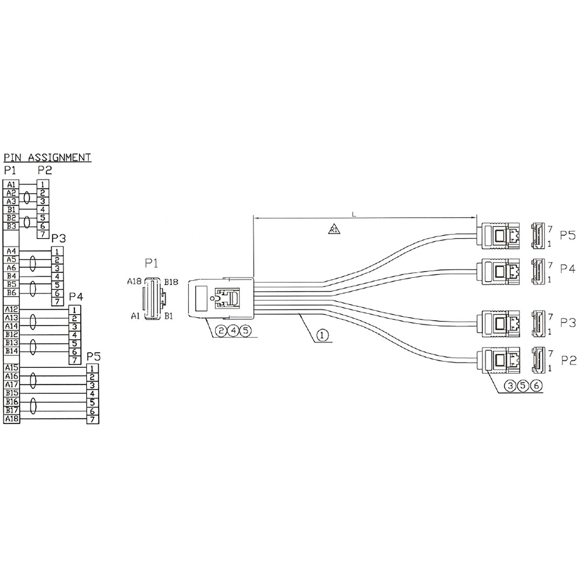 Diagramm von Kabeln und Anschlüssen, mit nummerierten Pinbelegungen.