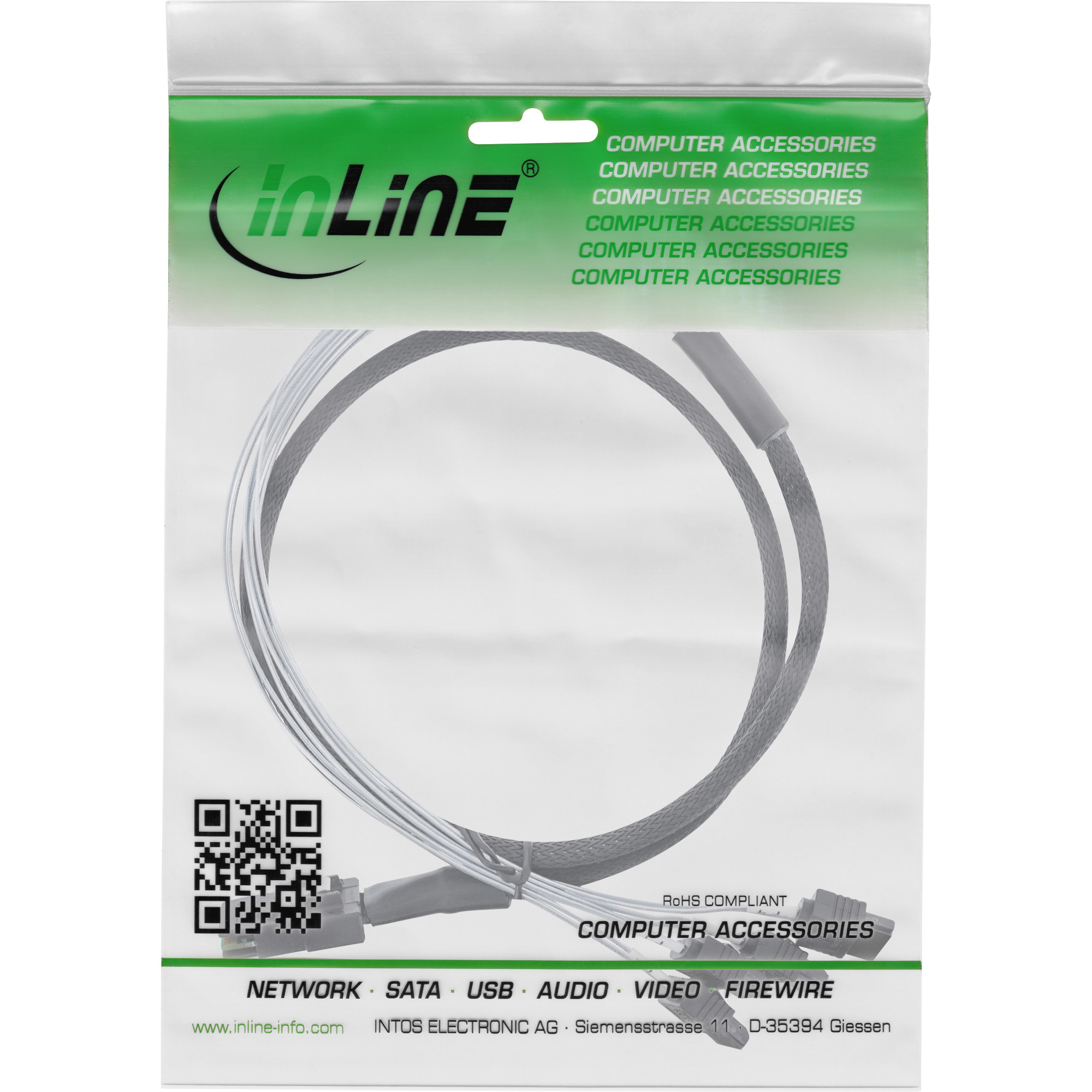 Eine transparente Plastiktüte mit einem Computerkabel und dem 'inLine'-Logo.