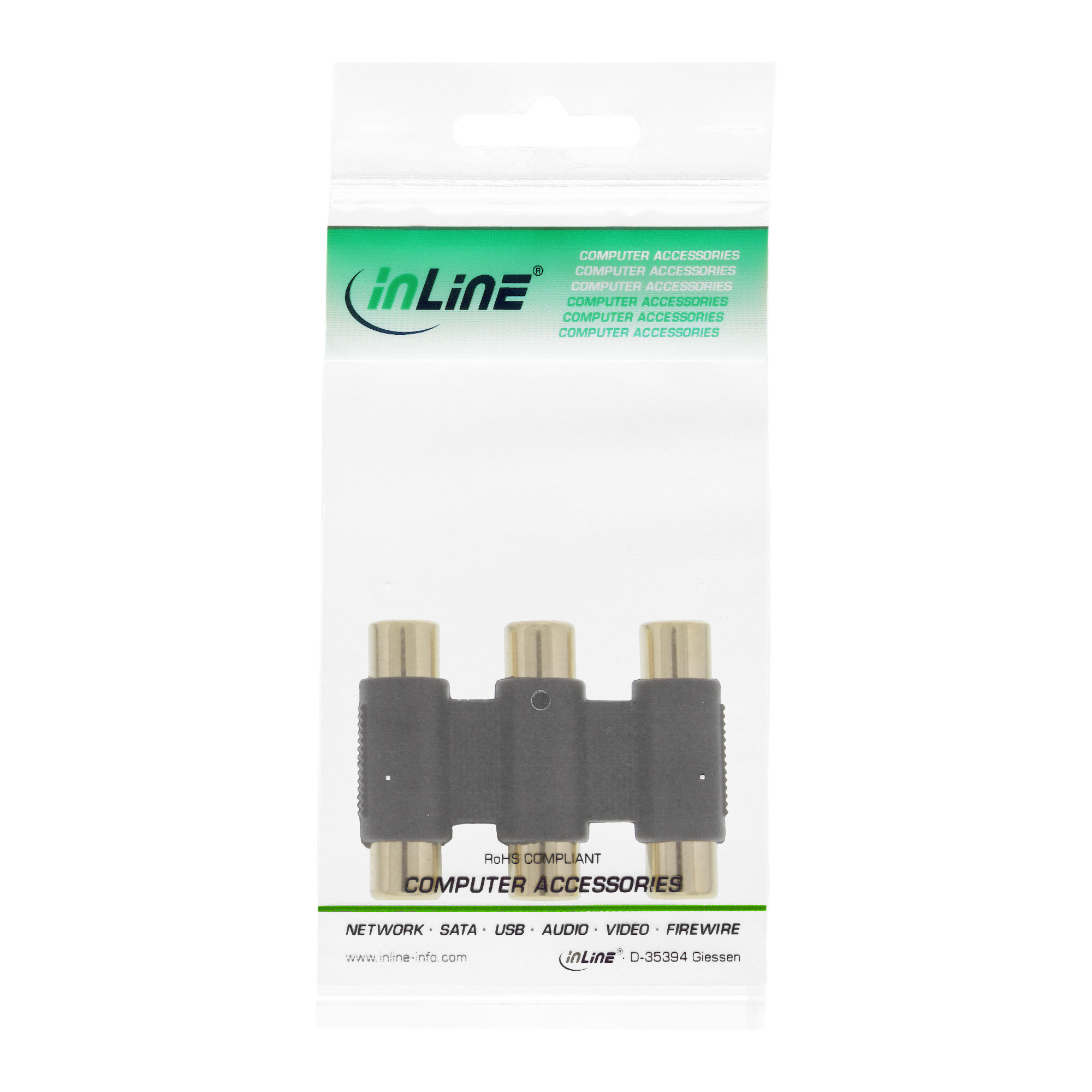 Schwarzer Stecker mit drei Cinch-Buchsen, verpackt in einer Plastiktüte. Text: 'Computer Accessories'.