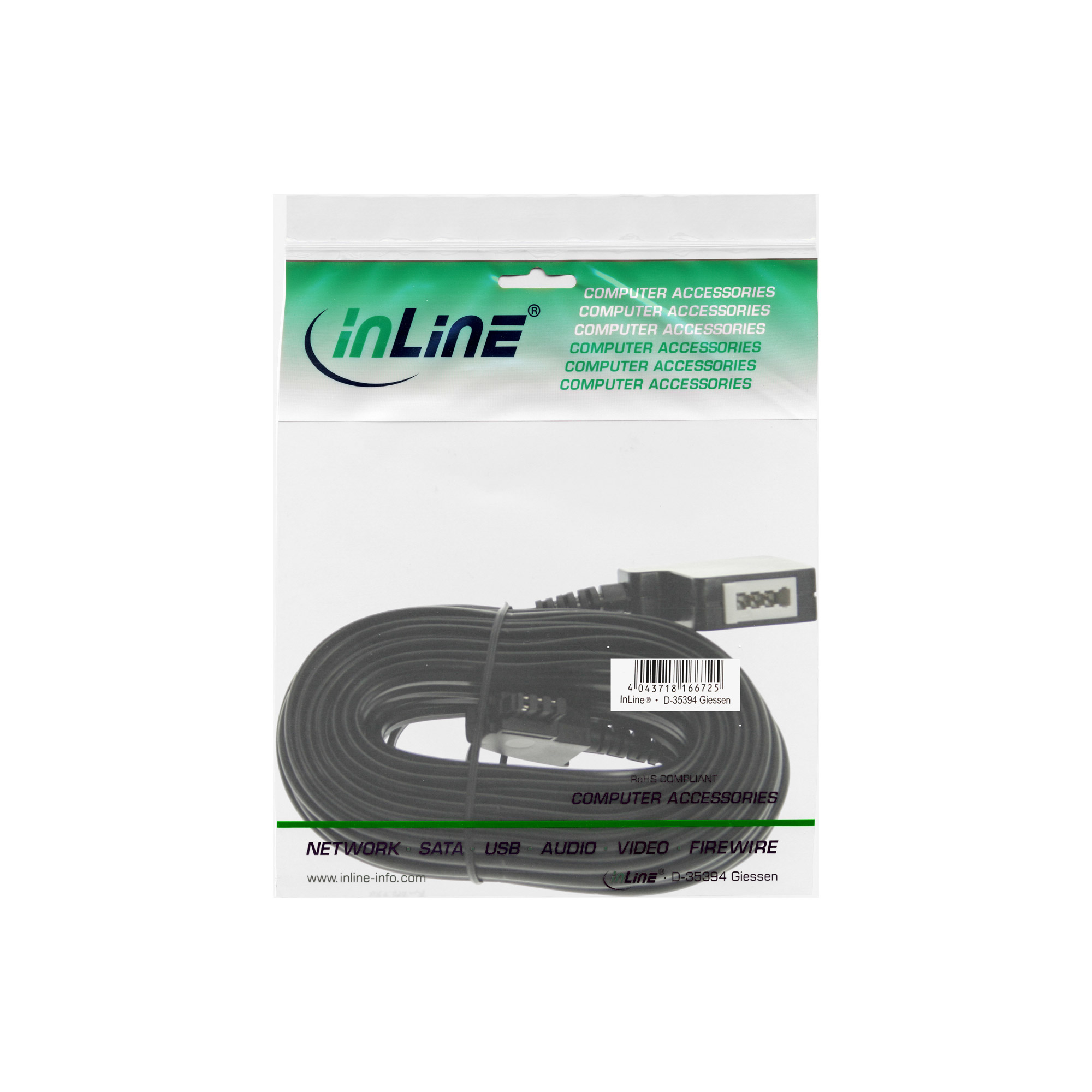 Ein schwarzes Kabel in einer Plastiktüte. Auf der Tüte steht 'Computerzubehör'.