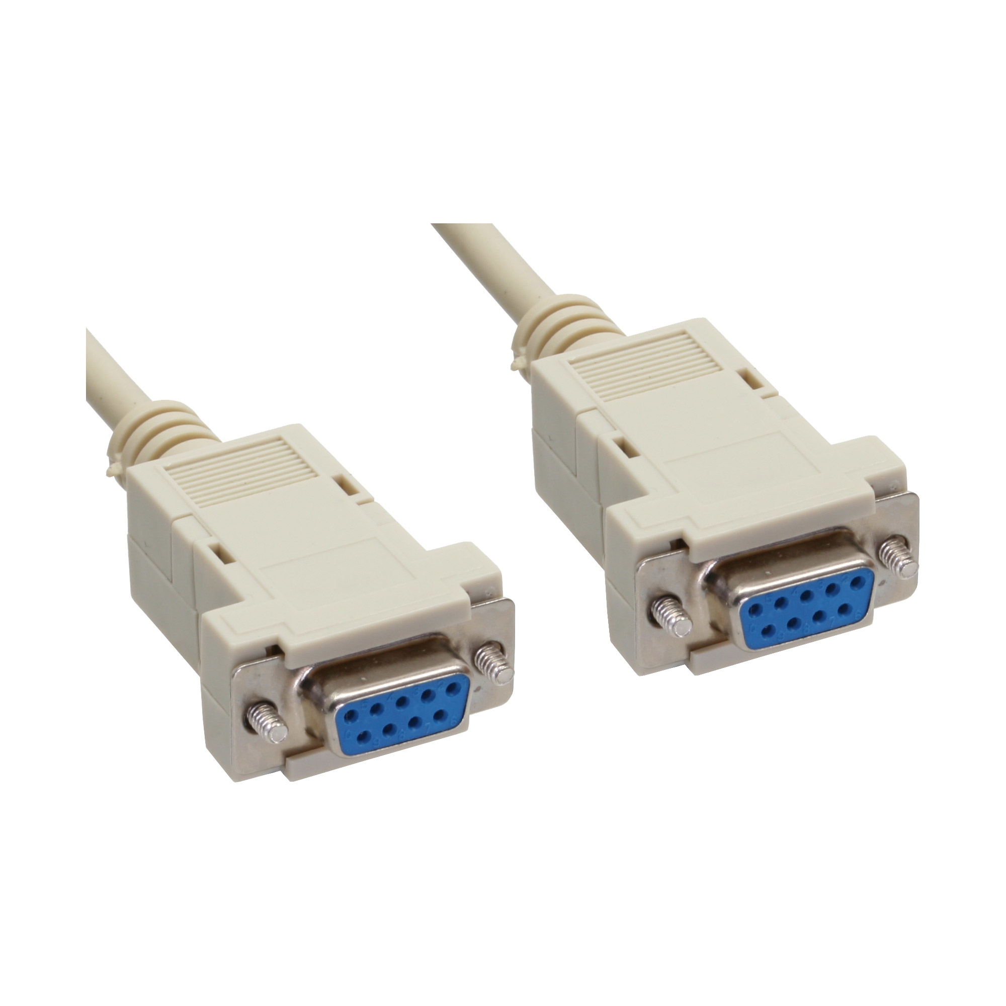 Zwei beige serielle Anschlussstecker mit blauen Stiftanordnungen, auf weißem Hintergrund.