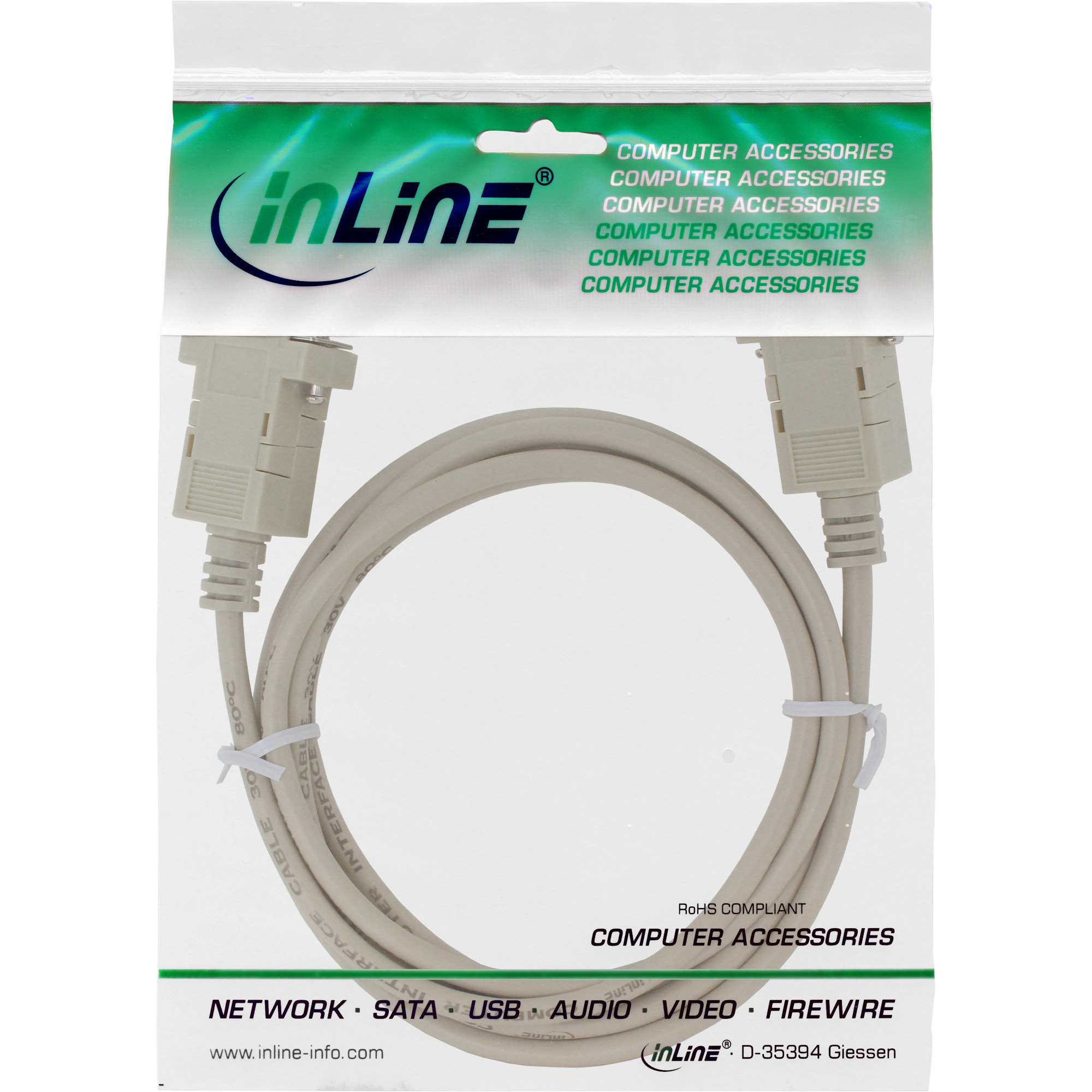 Kabel in einer transparenten Plastiktüte mit Steckern und Text.