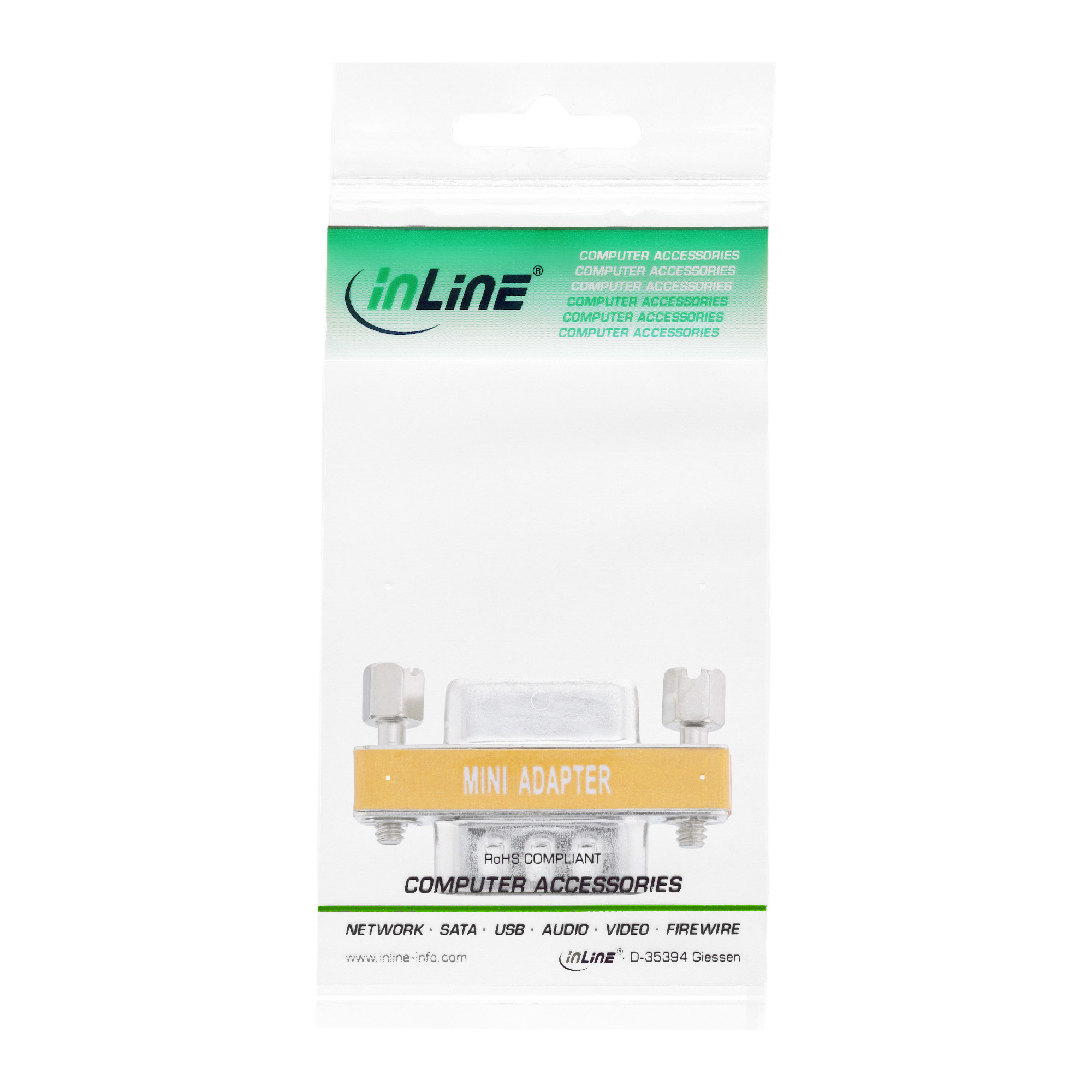 Transparente Kunststoffverpackung mit einem Mini-Adapter mit gelbem Etikett. Mit 'inLine' und Computerzubehör.