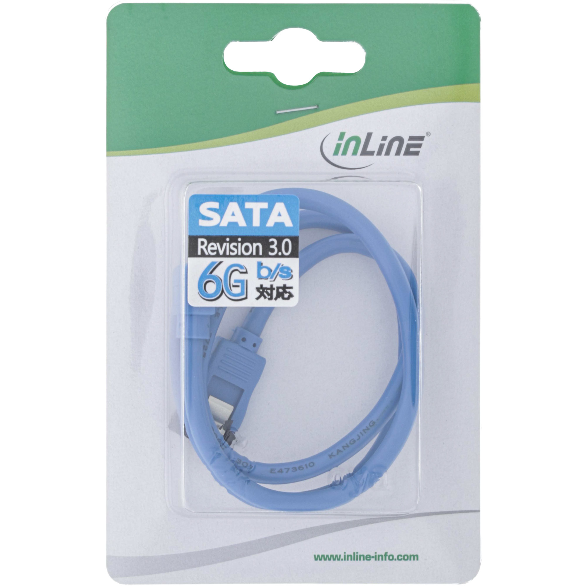 Un cavo SATA blu in una confezione di plastica. Testo: SATA Revision 3.0 6G b/s. Il marchio è inLine.