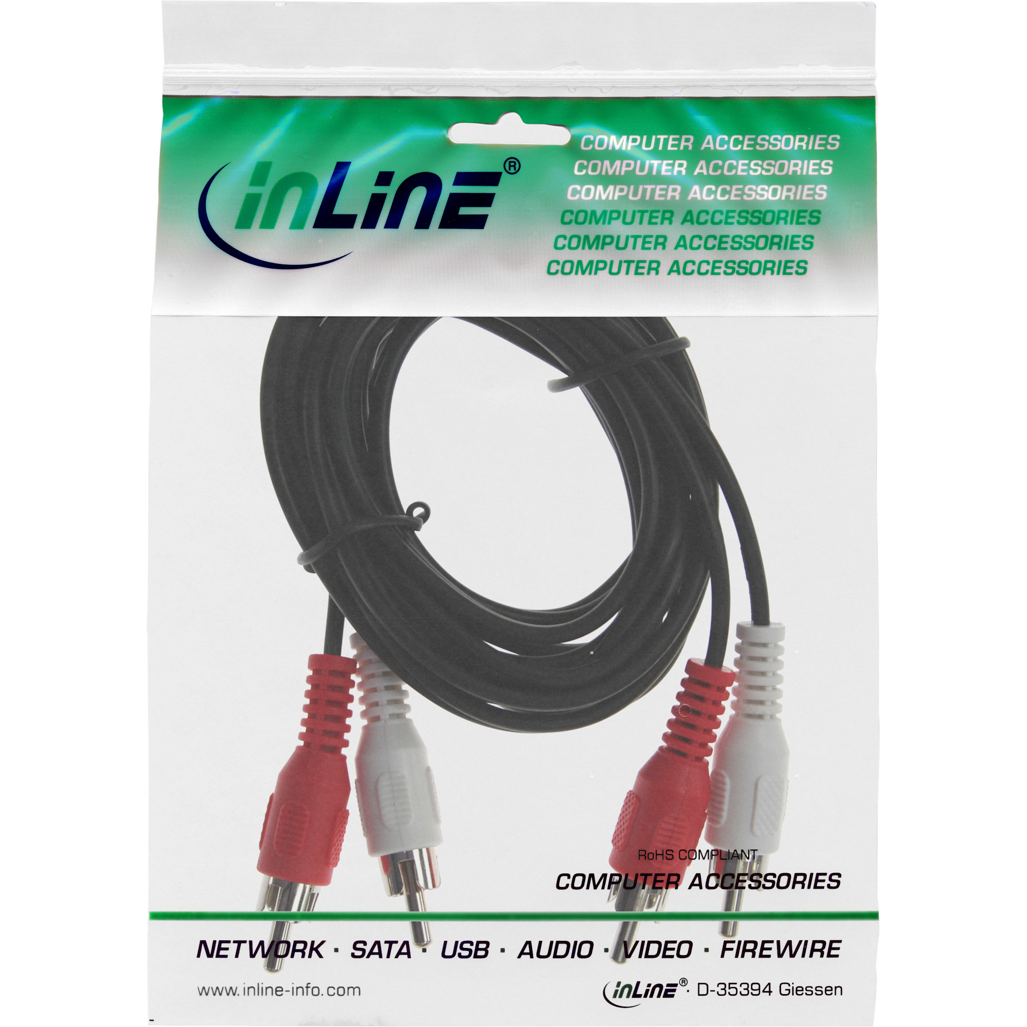 Schwarzes und rotes Cinch-Kabel in Plastiktüte, Text über Computerzubehör auf Weiß.