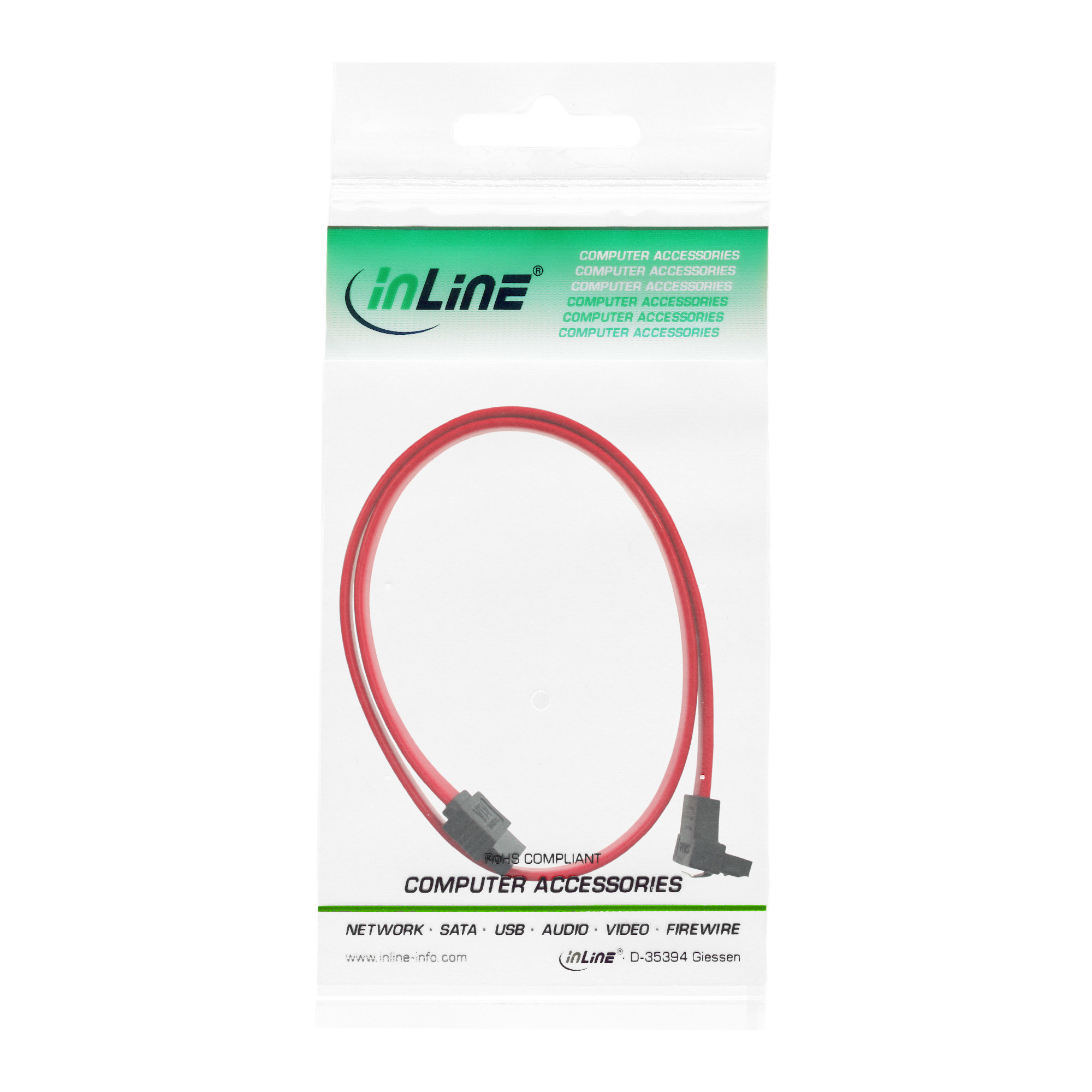 Cavo SATA rosso in un sacchetto di plastica trasparente. Ha connettori.