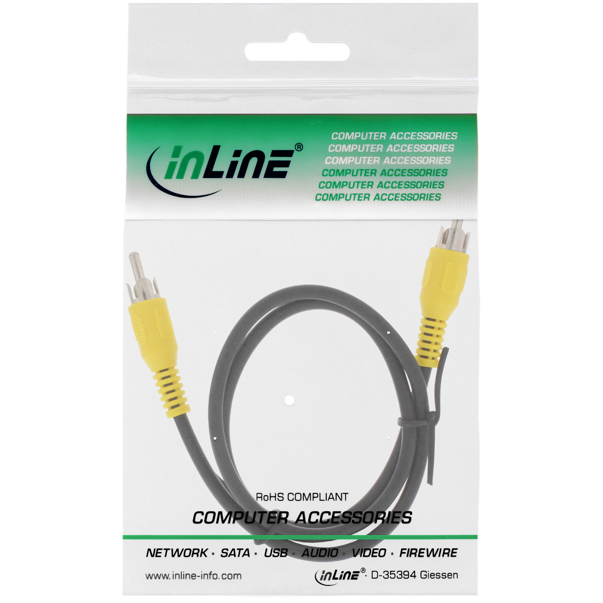Schwarz-gelbes Cinch-Kabel in Plastikverpackung. Die Verpackung hat ein grün-weißes Design.