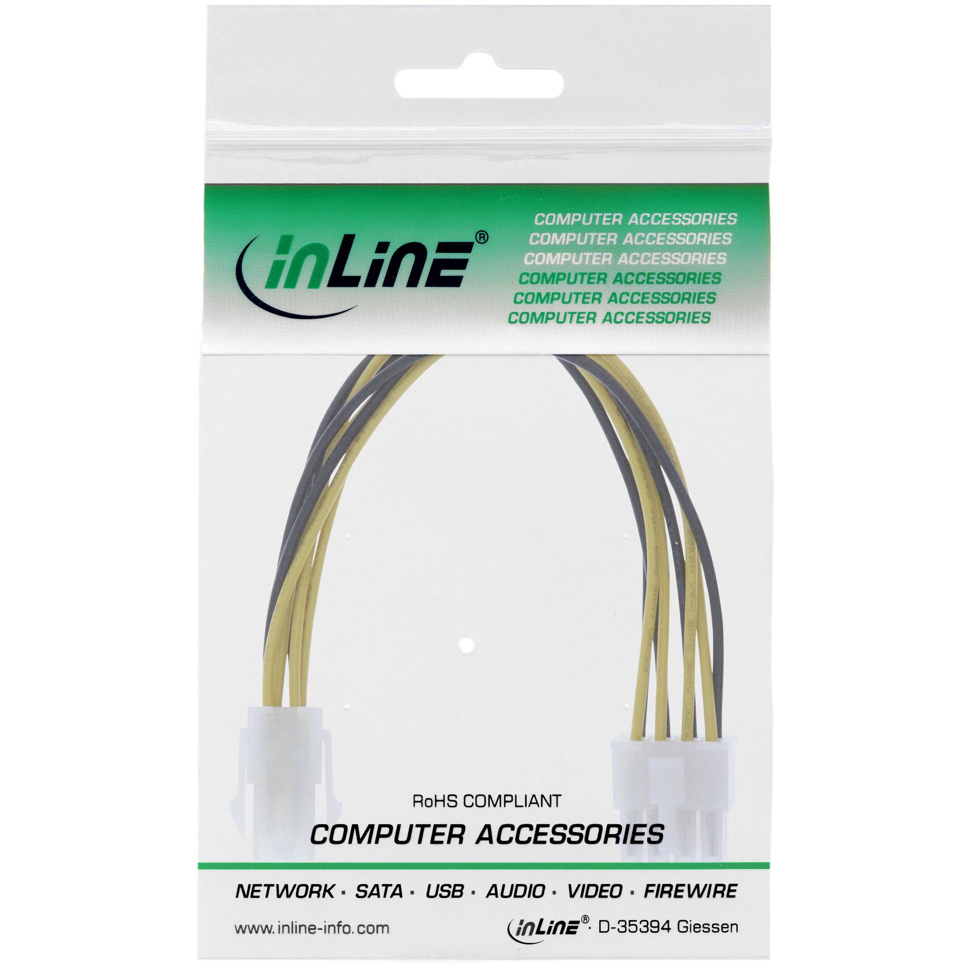 Kabel komputerowy w opakowaniu. Zielone, białe i żółte przewody z białymi złączami.