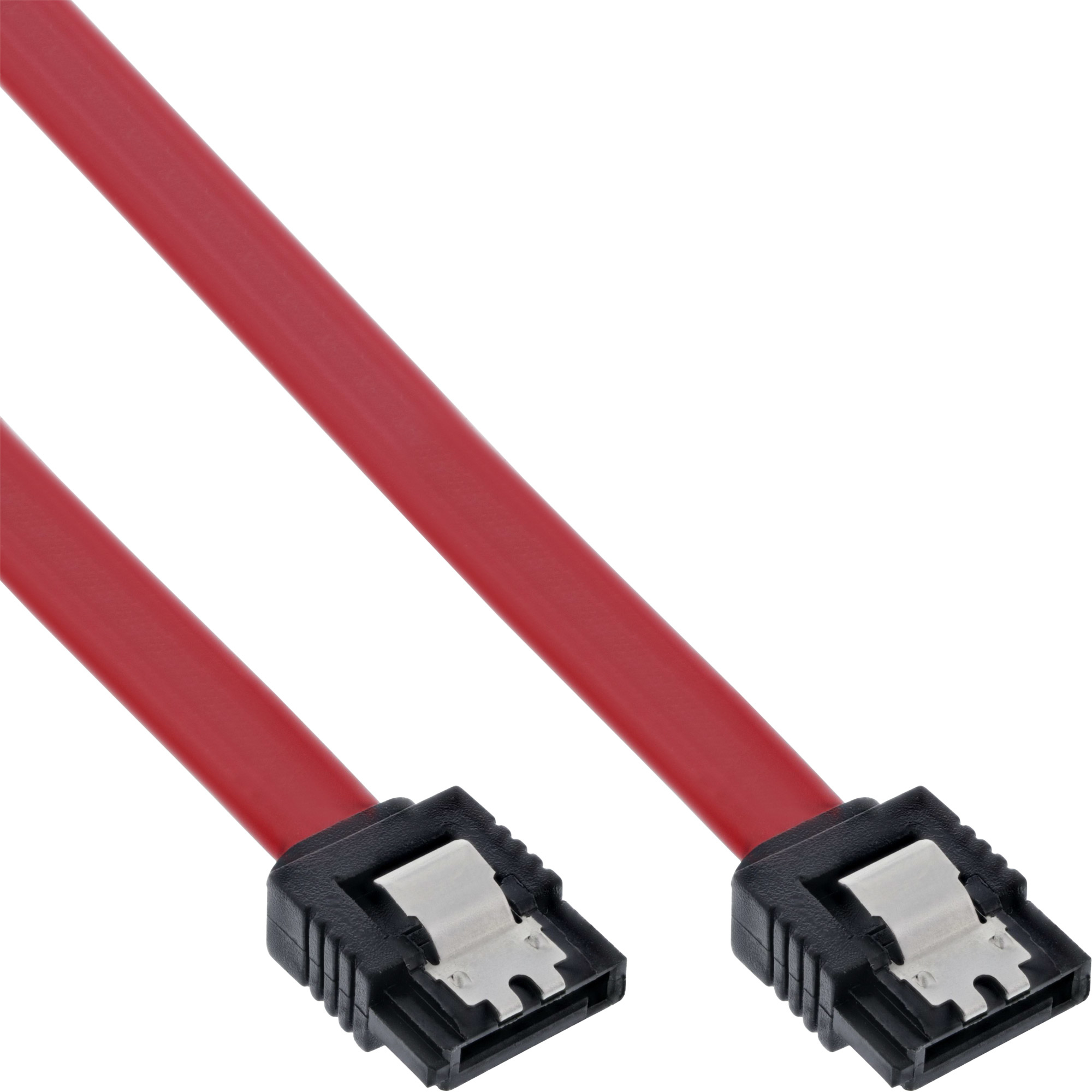Cavo SATA rosso con connettori neri su sfondo bianco.