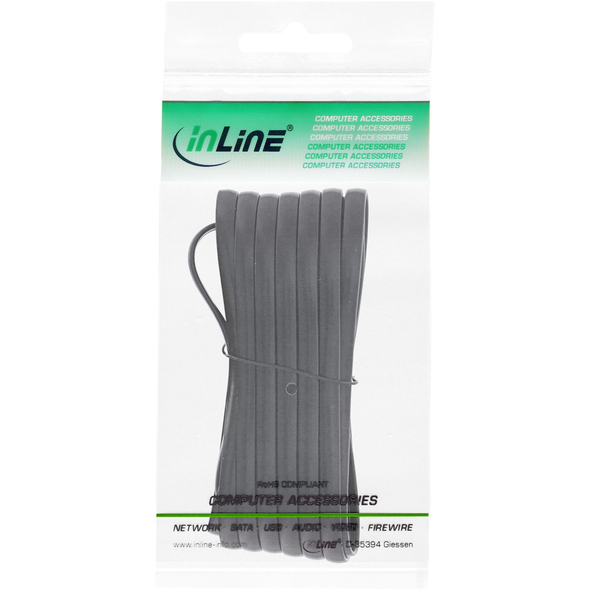 Ein schwarzes Kabel in einer Plastikhülle mit der Aufschrift 'inLine' und Produktinformationen. Weißer Hintergrund.