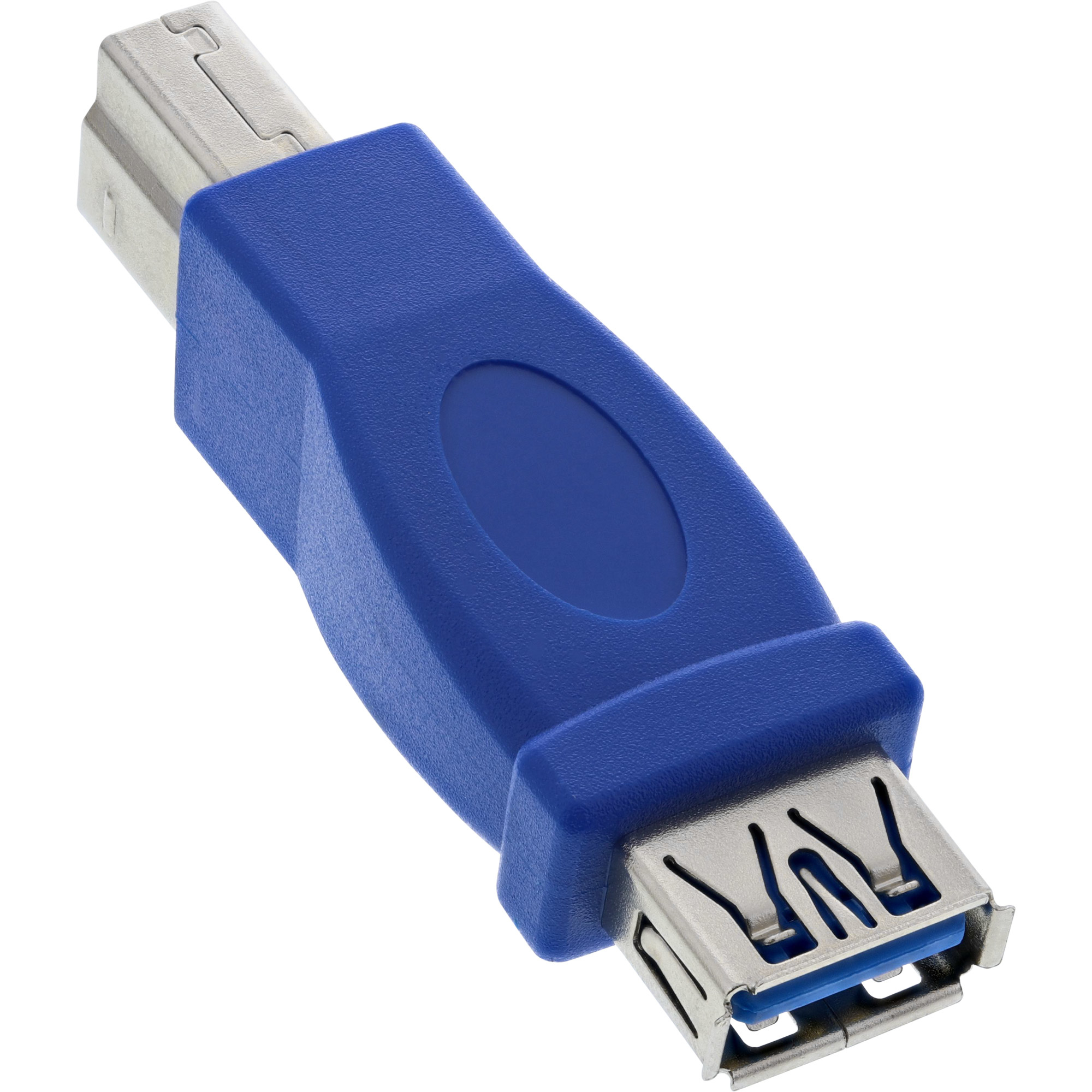 Blau-silberner USB-Adapter, der USB-A und USB-B verbindet.