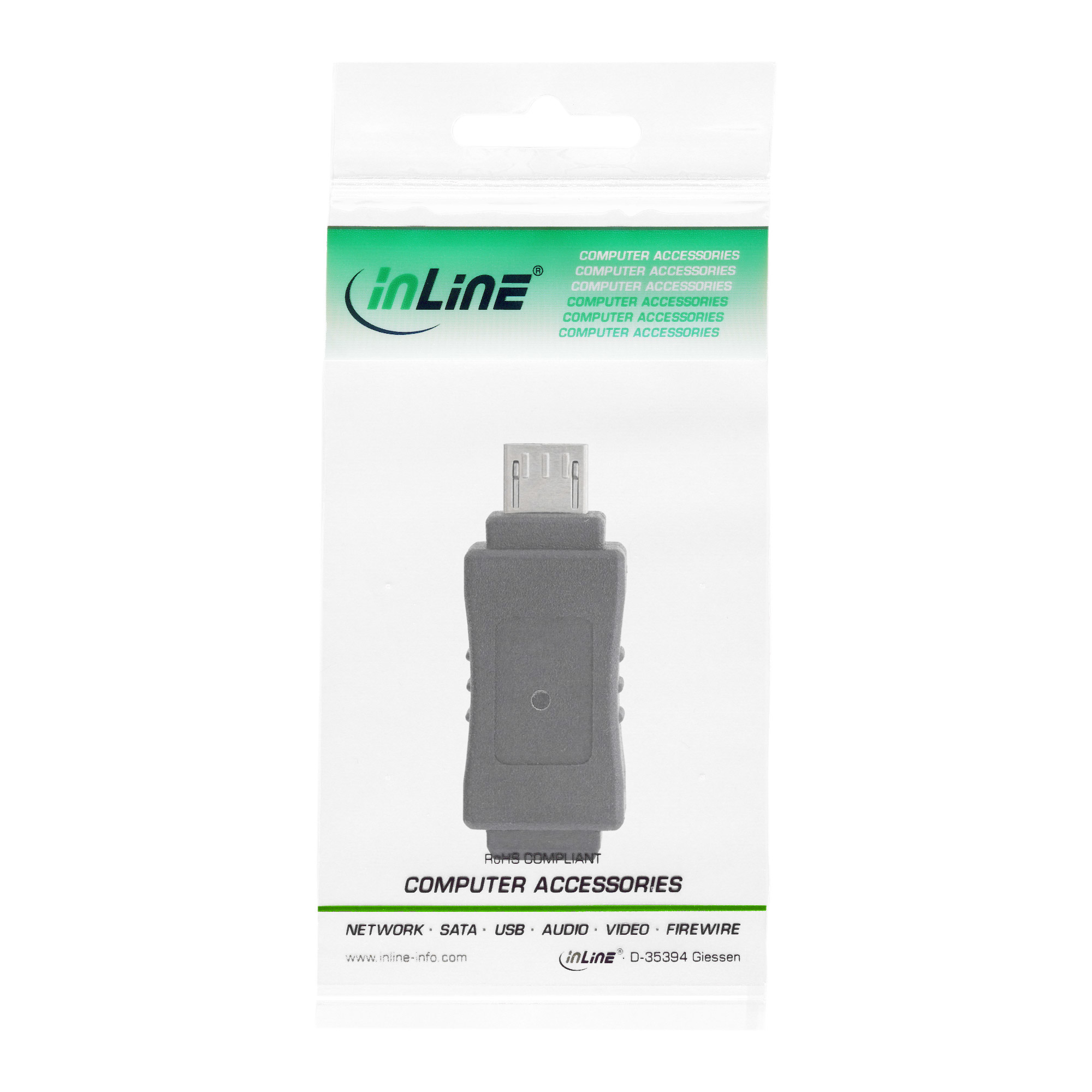 Klare Kunststoffverpackung mit einem grauen USB-zu-Micro-USB-Adapter auf weißem Hintergrund.