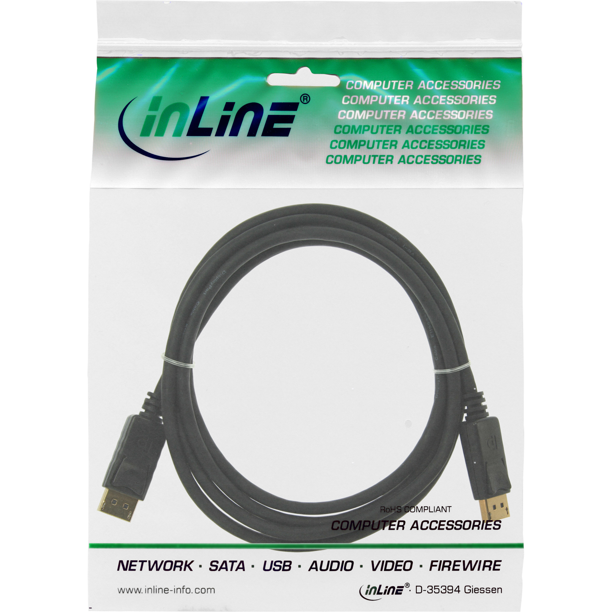 Un cavo DisplayPort nero, confezionato, con l'etichetta 'InLine' e 'accessori per computer'.