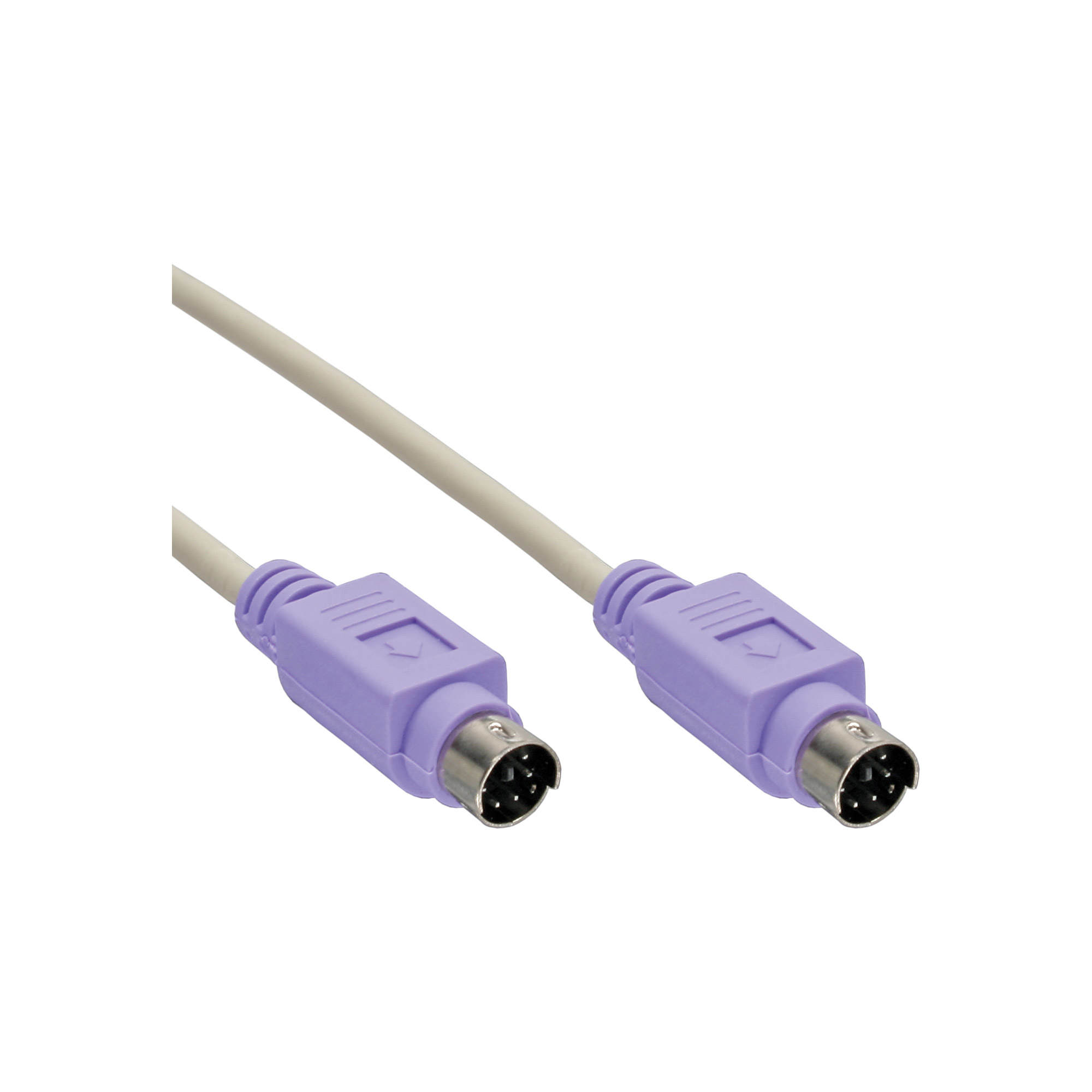 Ein lila PS/2-Kabel mit Anschlüssen an jedem Ende, vor weißem Hintergrund.