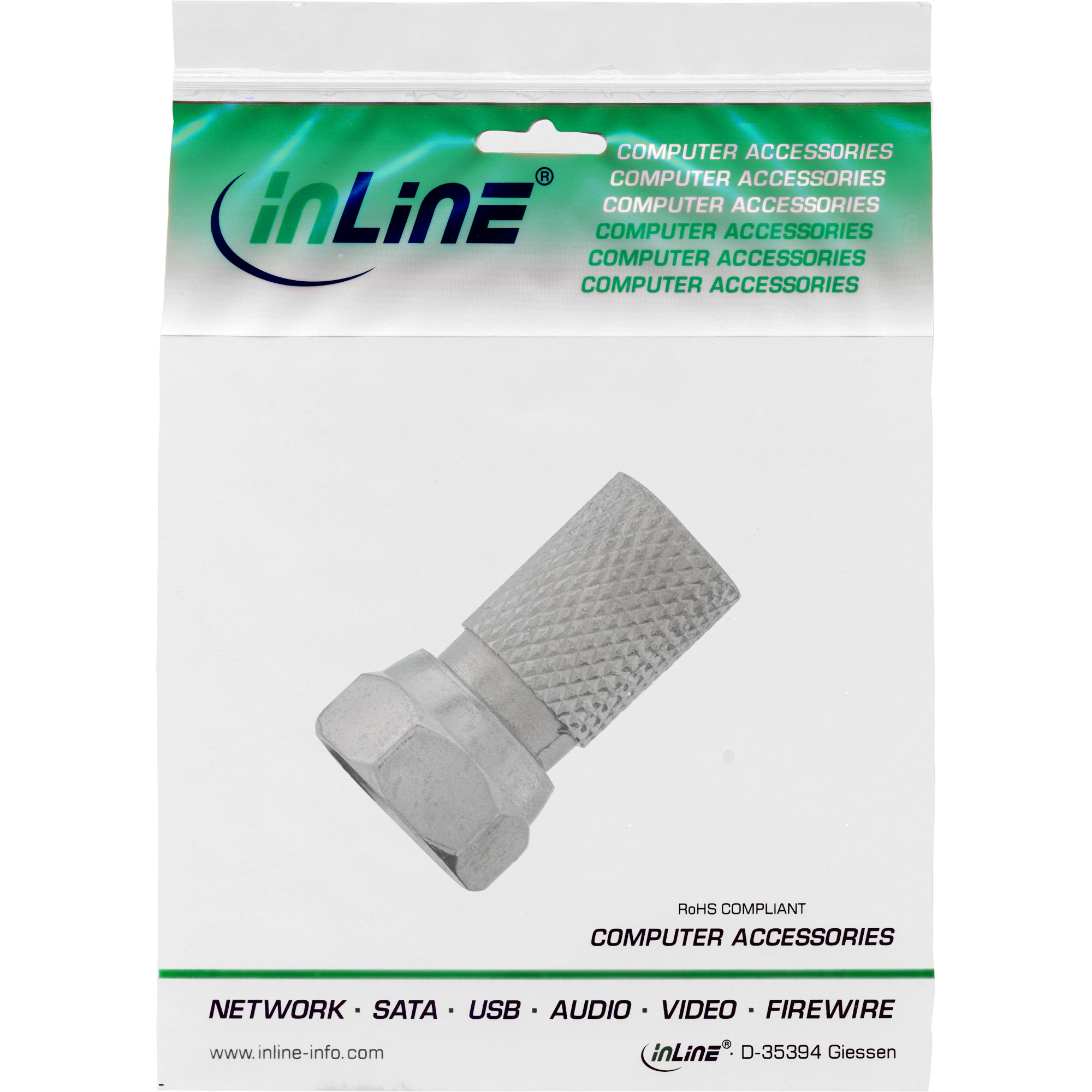 Silberner Adapter in einer Plastikverpackung, beschriftet mit 'inLine' und 'Computer Zubehör'.