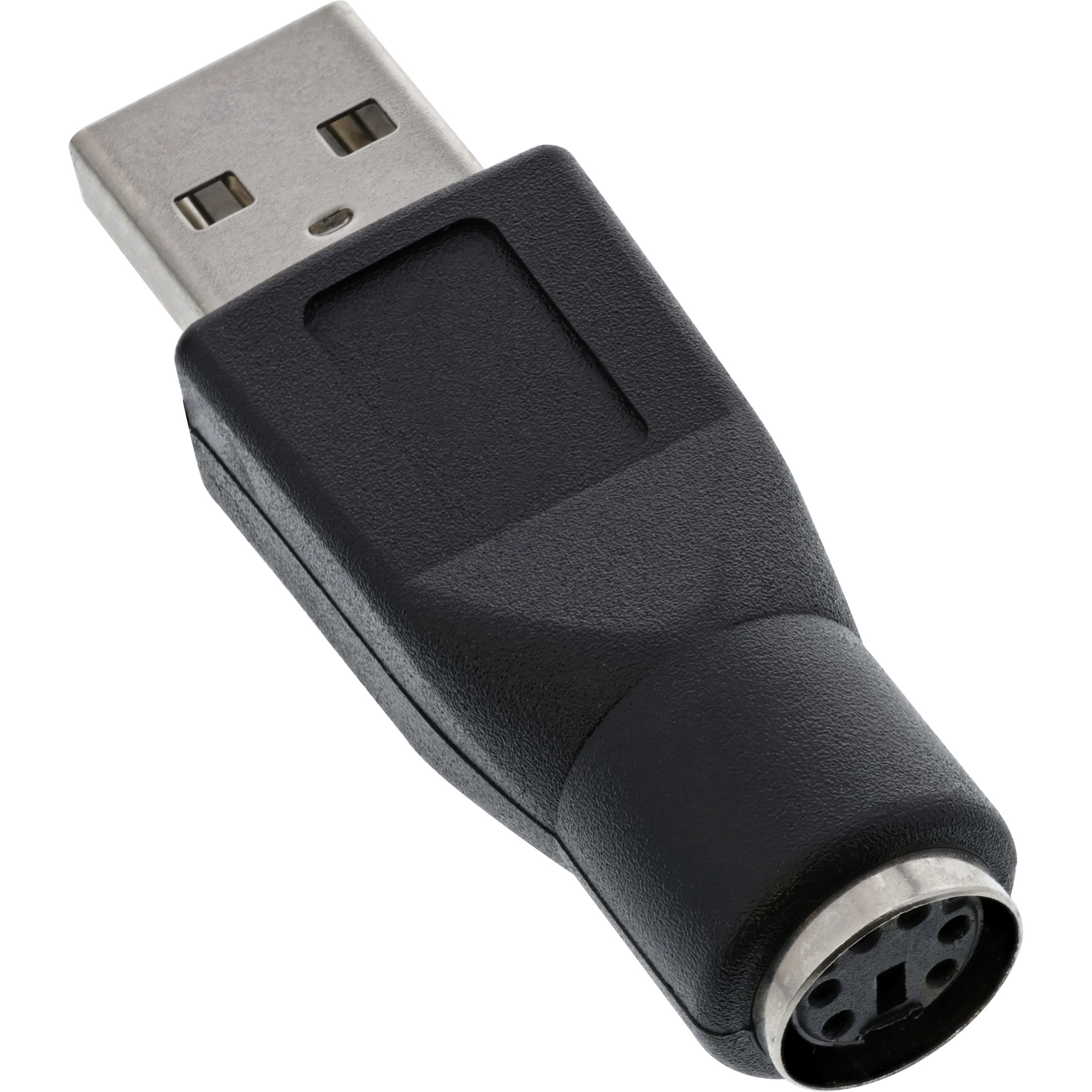 Schwarzer USB-zu-PS/2-Adapter. Weißer Hintergrund. Der Adapter hat einen USB- und einen PS/2-Anschluss.