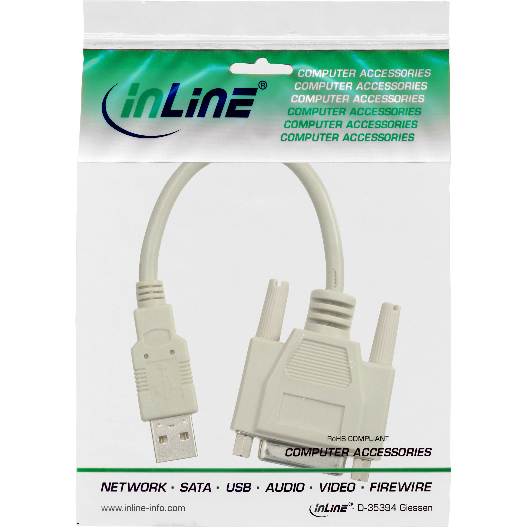 Weiße und transparente Plastikverpackung mit einem Computerkabel darin. Das Kabel hat zwei Anschlüsse, USB und D-Sub.