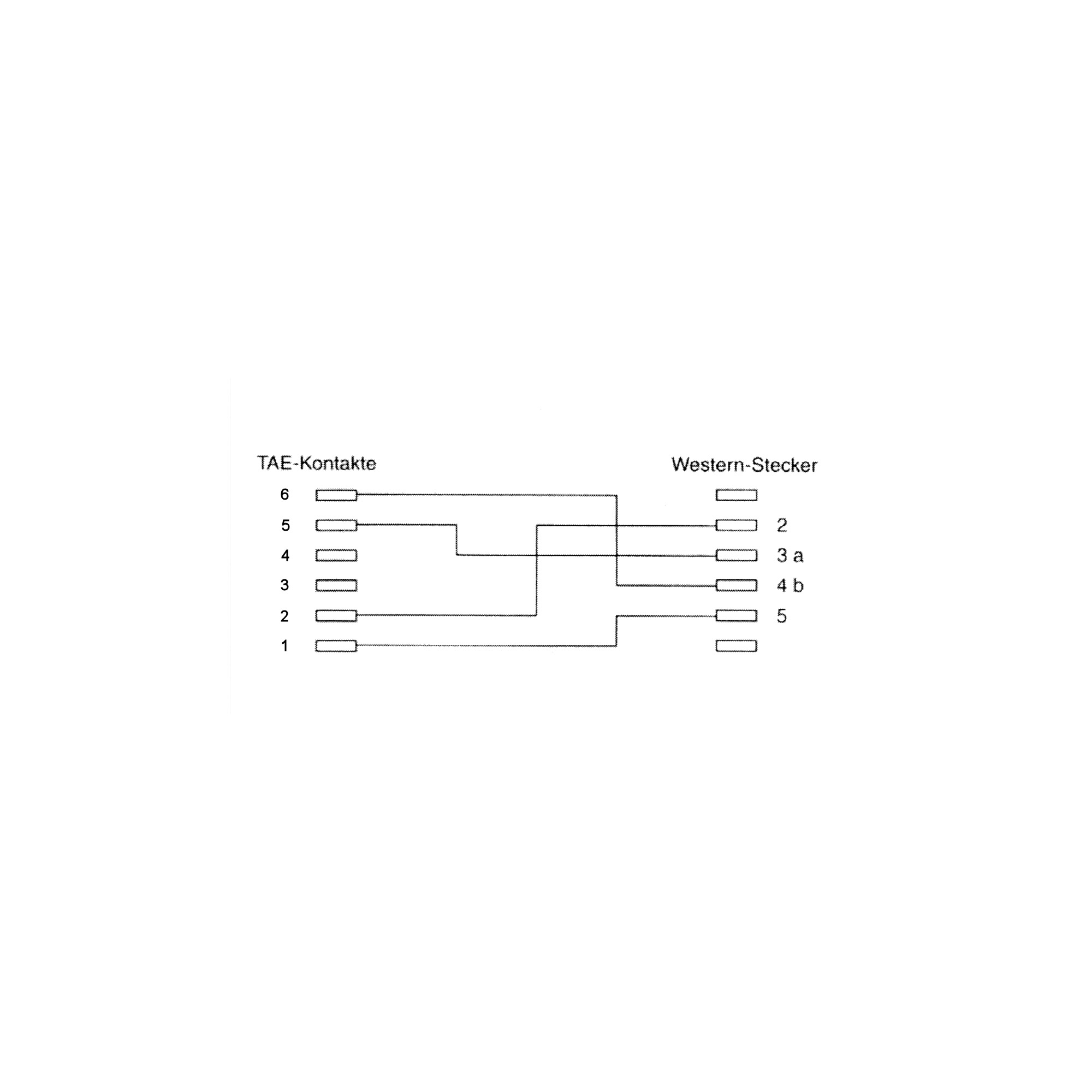 Diagramm von TAE-Kontakten und Western-Stecker mit nummerierten Verbindungen und Linien.
