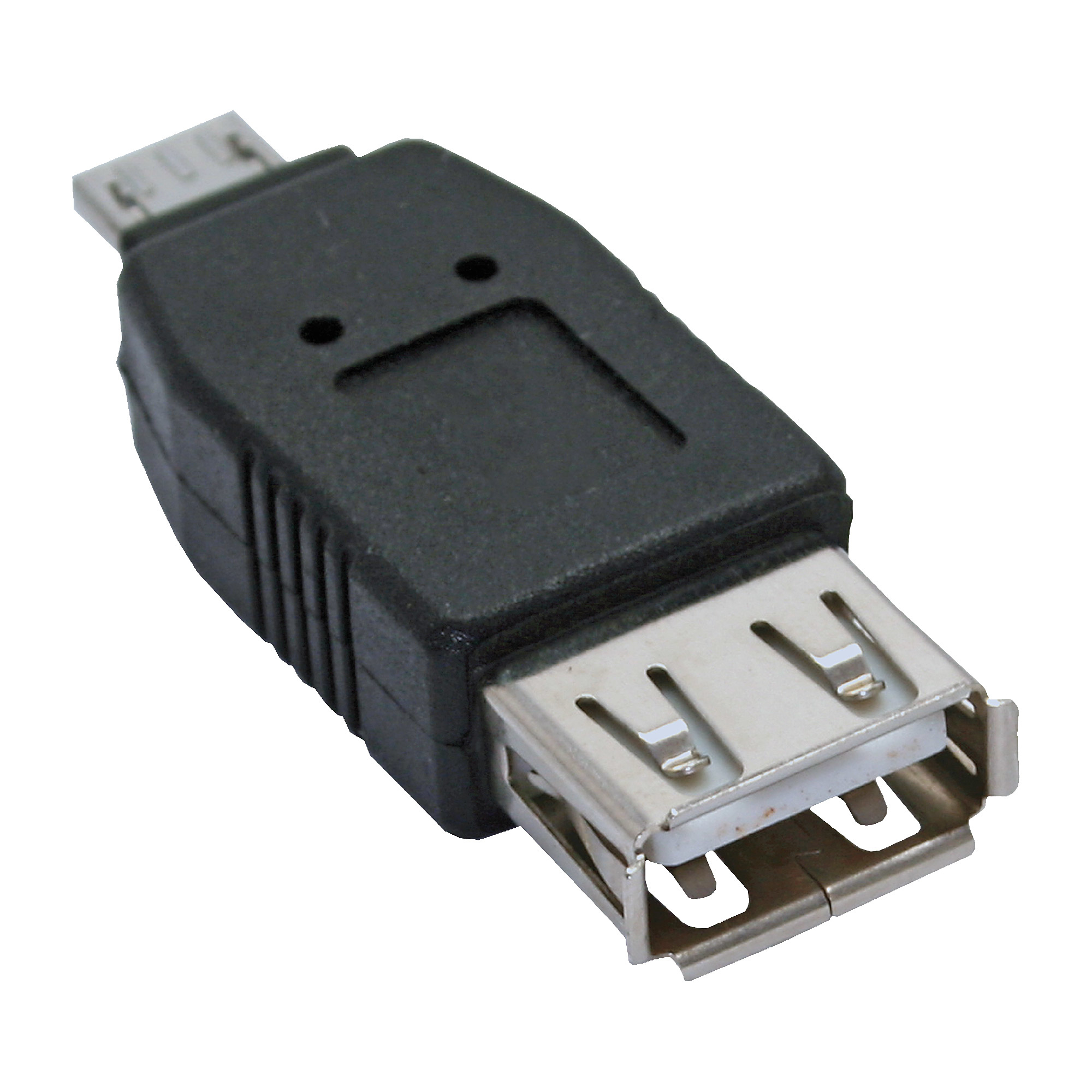 Schwarzer USB-Adapter mit USB-Buchse und Micro-USB-Anschluss, isoliert auf weißem Hintergrund.