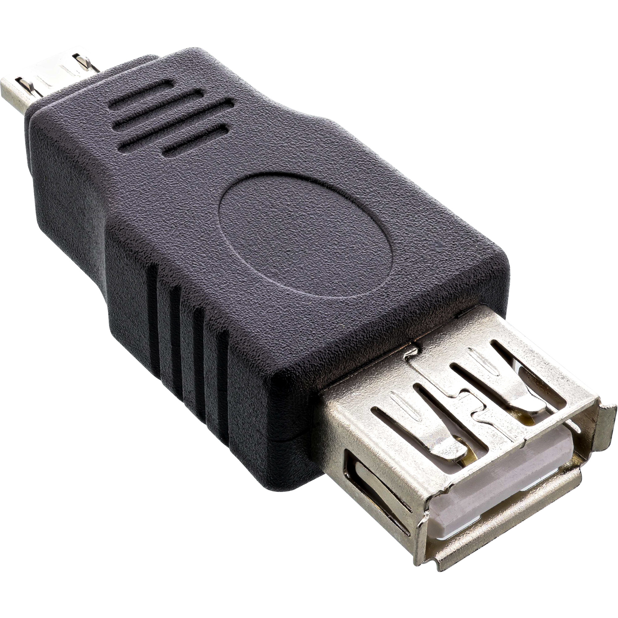 Schwarzer USB-Adapter mit Buchse und Micro-USB-Anschluss.