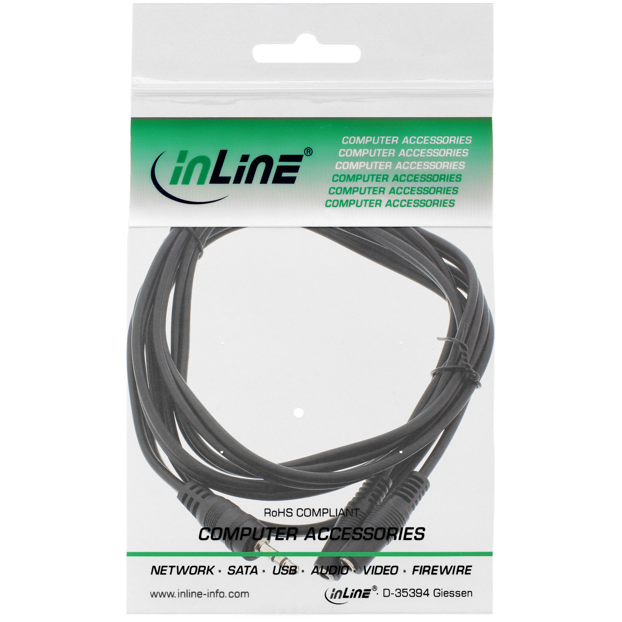 Ein schwarzes Kabel mit zwei Steckern. Das Kabel befindet sich in einer transparenten Kunststoffverpackung mit grünem Text.