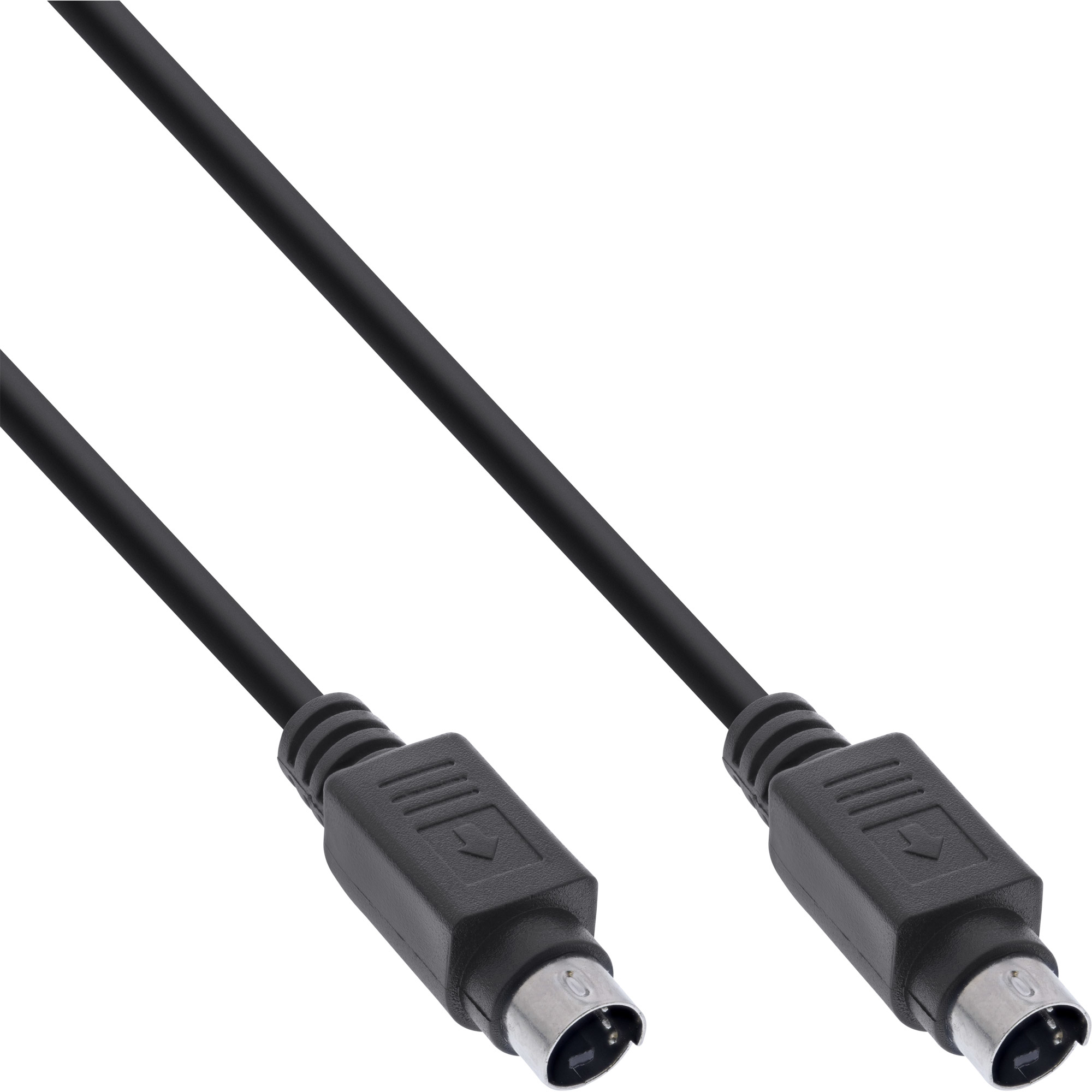 Schwarzes PS/2-Kabel mit Steckern an beiden Enden, vor weißem Hintergrund.